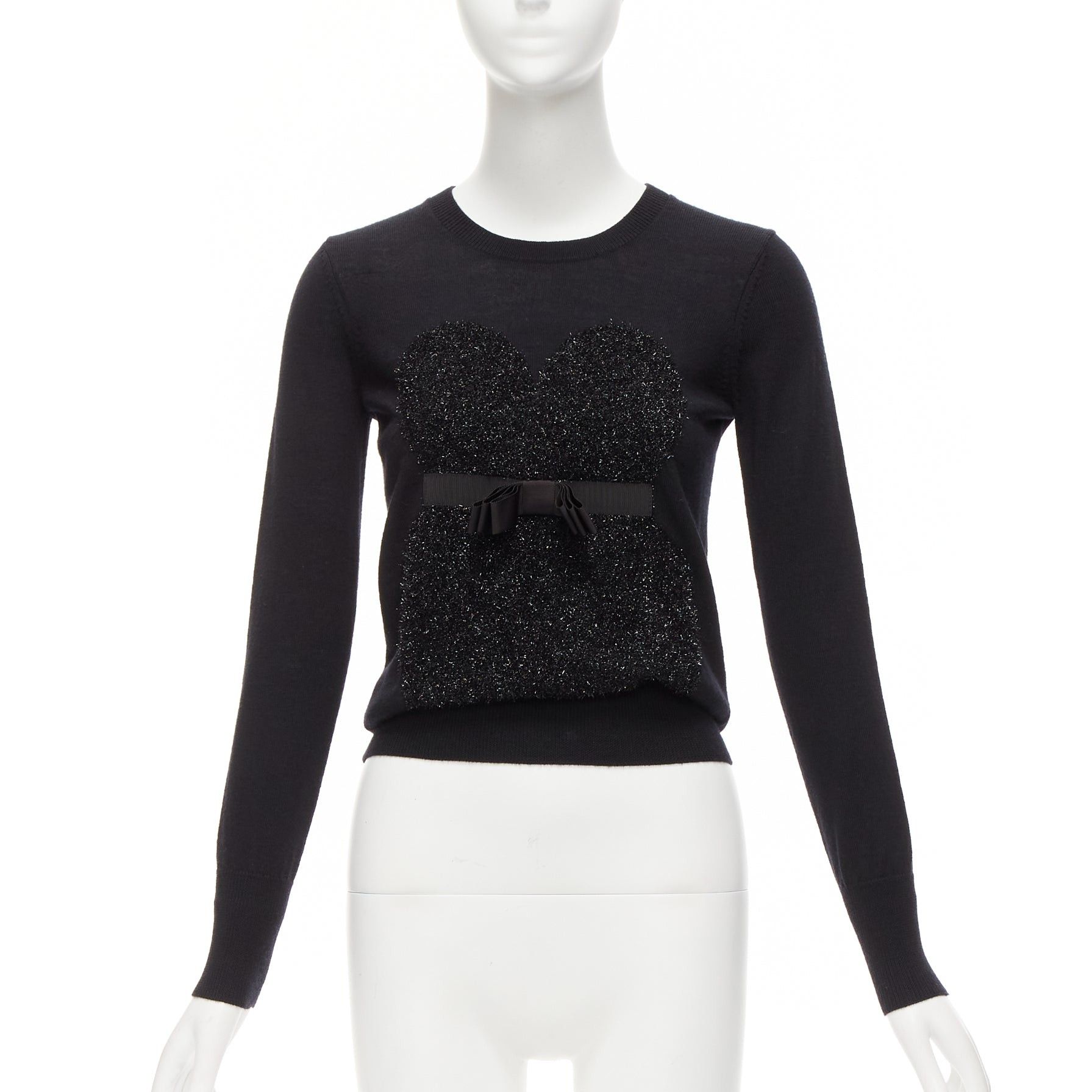 image of Markus Lupfer Black Merino Wool Blend Tinsel Bow Corset Intarsia Sweater Xs, Women's