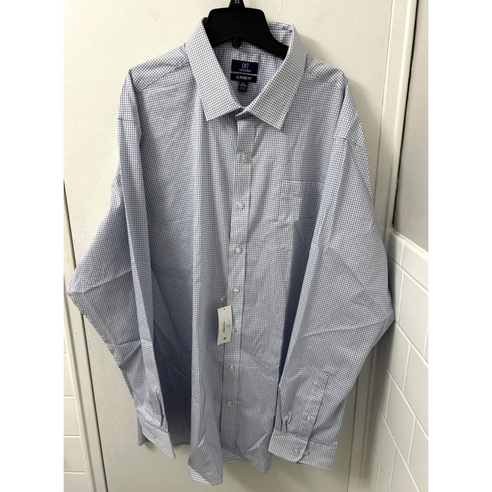George George Dress Shirt Mens 3XL 54-56 White Blue Classic Fit Gingham Button Up L/S Size 48R - 2 Thumbnail