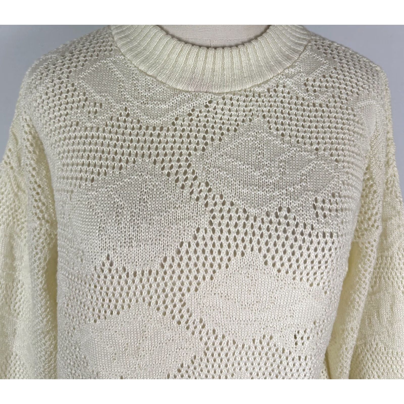 Vintage VINTAGE Unbranded Sweater Womens Open Knit Ivory Crewneck 80s 90s Geometric Long Sleeve Medium Size M / US 6-8 / IT 42-44 - 2 Thumbnail