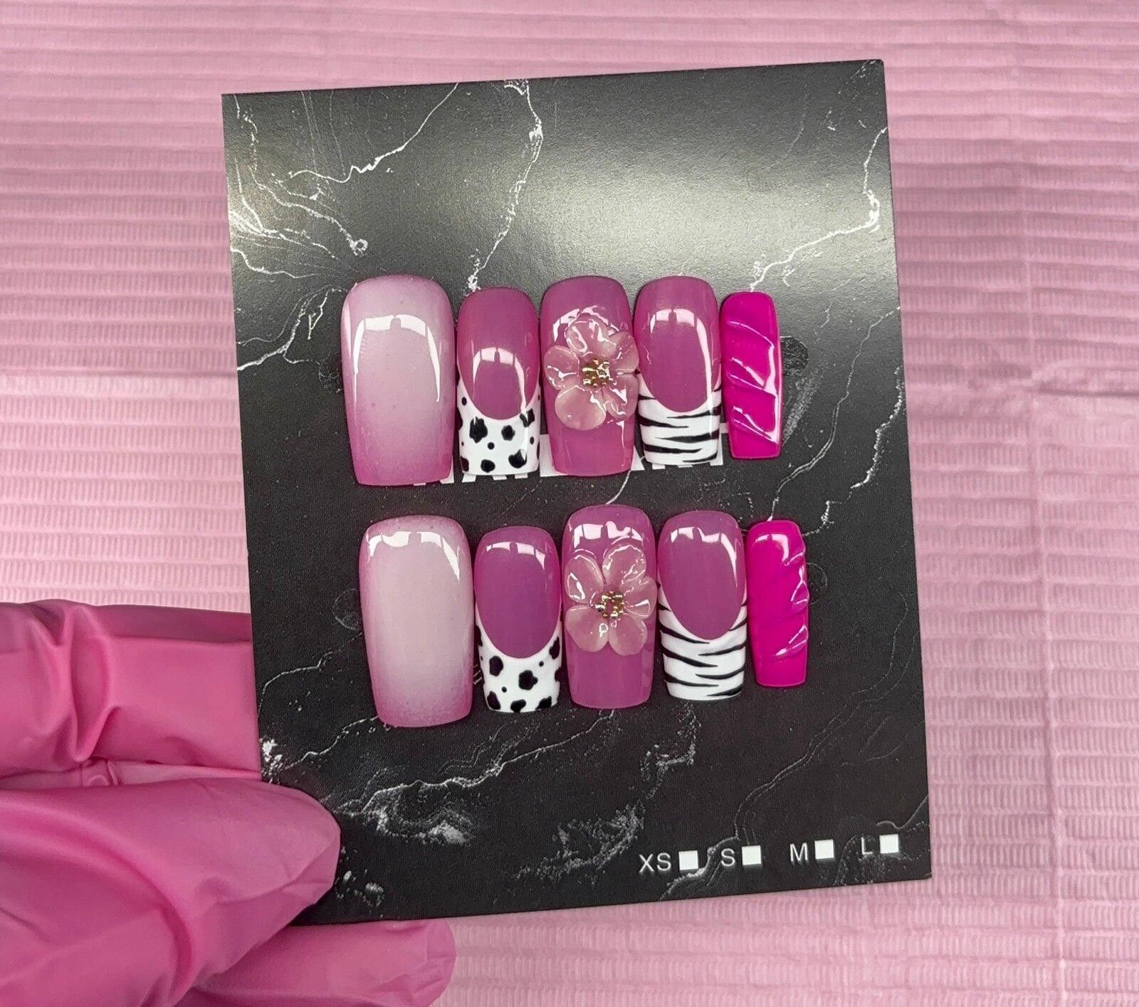 Handmade Medium square press on nails animal print 3d gel flower aura Size ONE SIZE - 9 Thumbnail