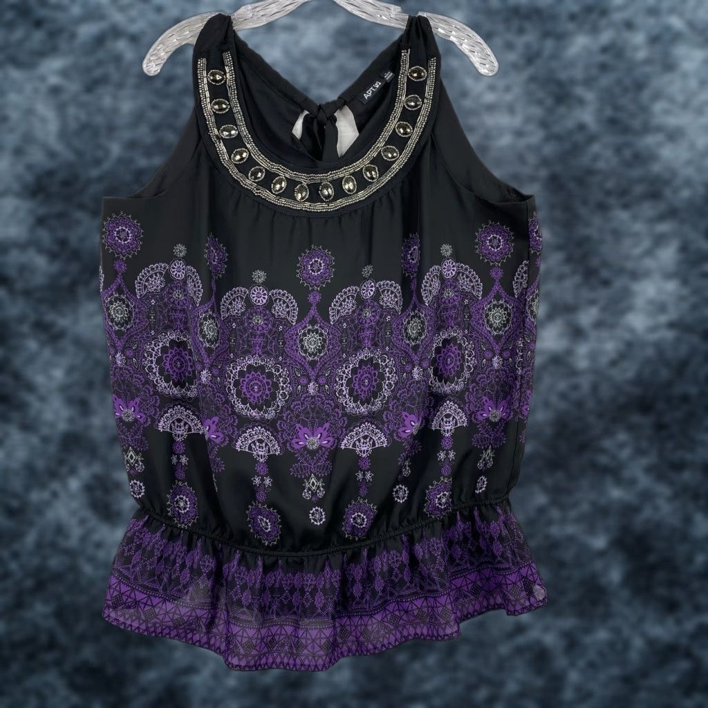 Vintage VINTAGE Apt 9 Womans Top Shirt L Black Purple Beaded Geometric 90s Fairy Bohemian Western Dressy Cap Sleeve Sleeveless Size L / US 10 / IT 46 - 1 Thumbnail