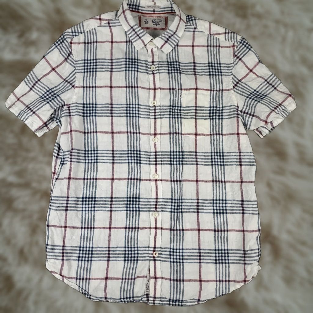 Original Penguin Penguin Mens Shirt Size Large Blue White Plaid Linen Button Up Short Sleeve Size US L / EU 52-54 / 3 - 1 Thumbnail