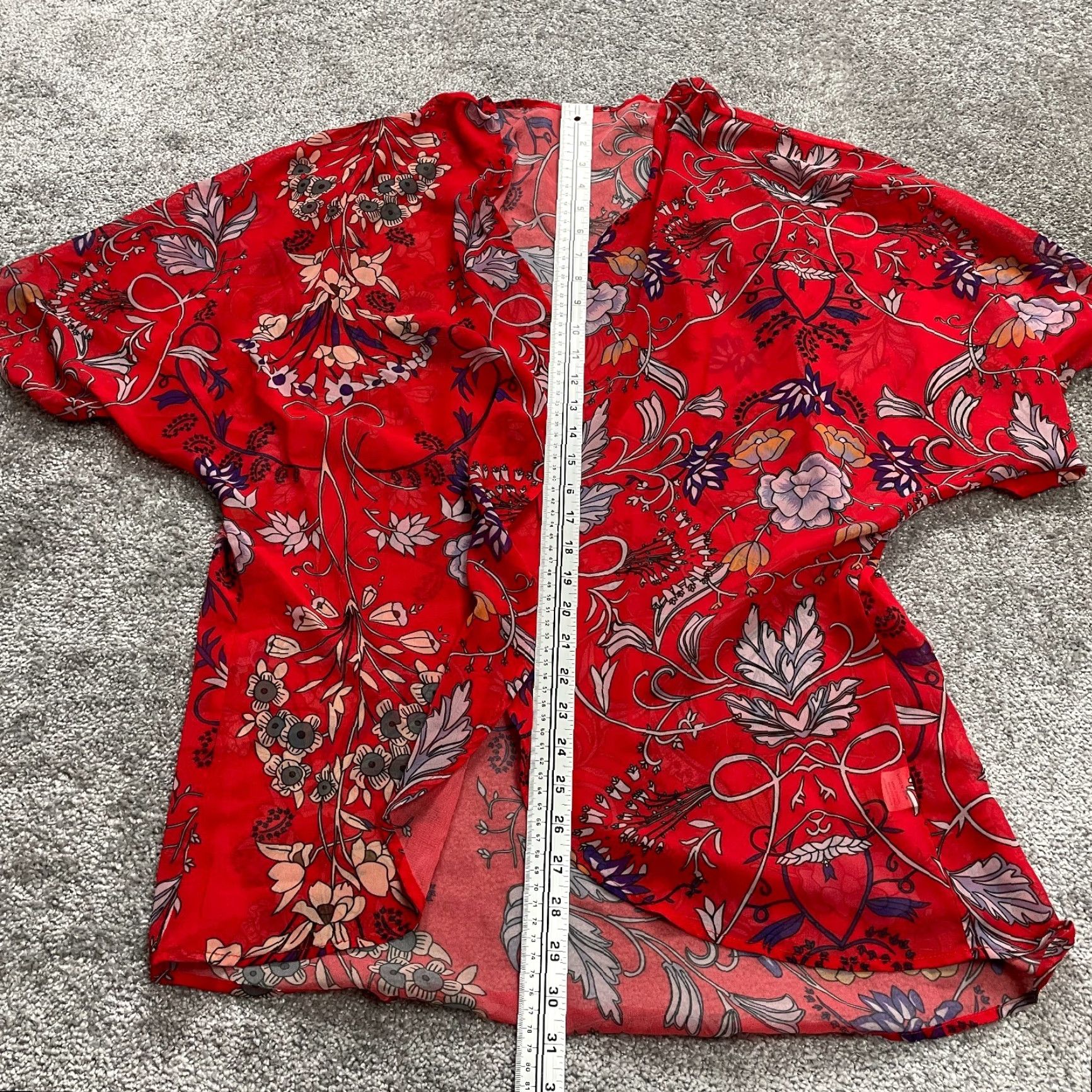 Vintage Unbranded Kimono Blouse Womens XL 3/4 Sleeve Floral Open Front Round Neck Knit Polyester Red Clothing Top Size XL / US 12-14 / IT 48-50 - 3 Thumbnail