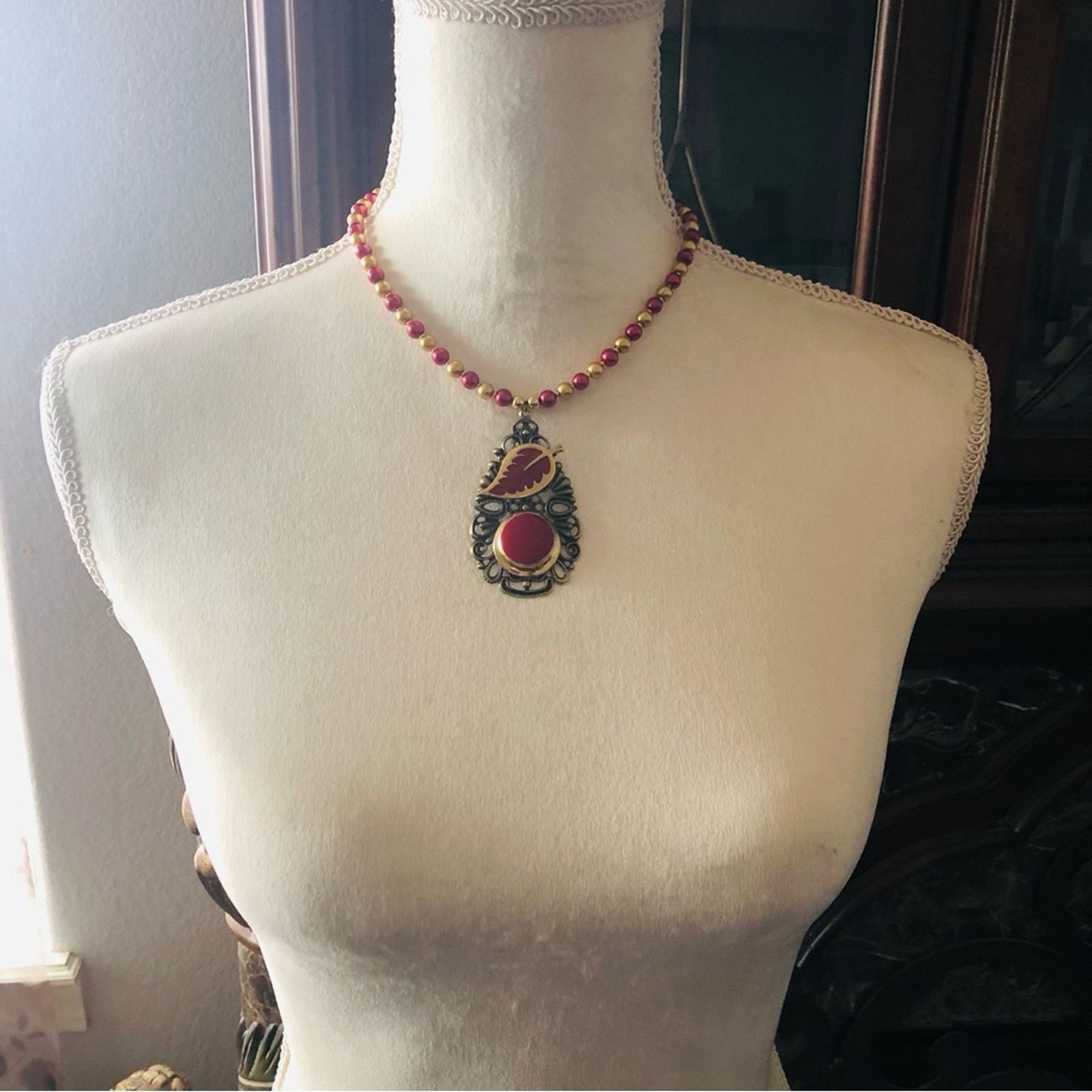 Handmade Handcrafted repurpose red enamel filigree pearl necklace Size ONE SIZE - 5 Thumbnail