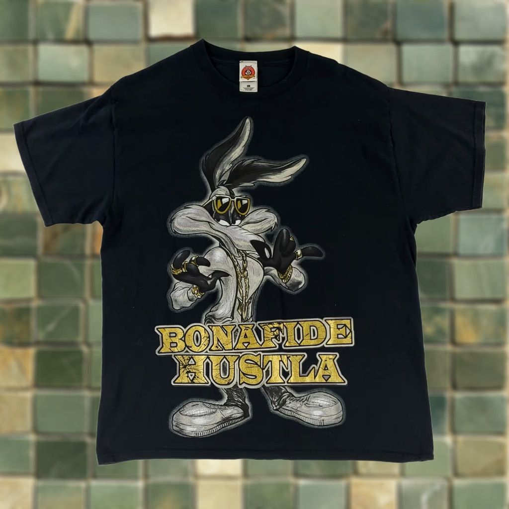 Vintage Looney Tunes T Shirt Wile E Coyote Bonafide Hustla Black Short Sleeve Mens XL Size US XL / EU 56 / 4 - 1 Thumbnail