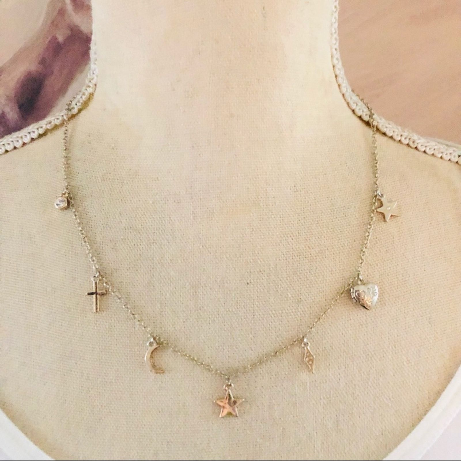 Jewelry Gold Plated Moon Star Locket Charm Chain Link Necklace, Women's