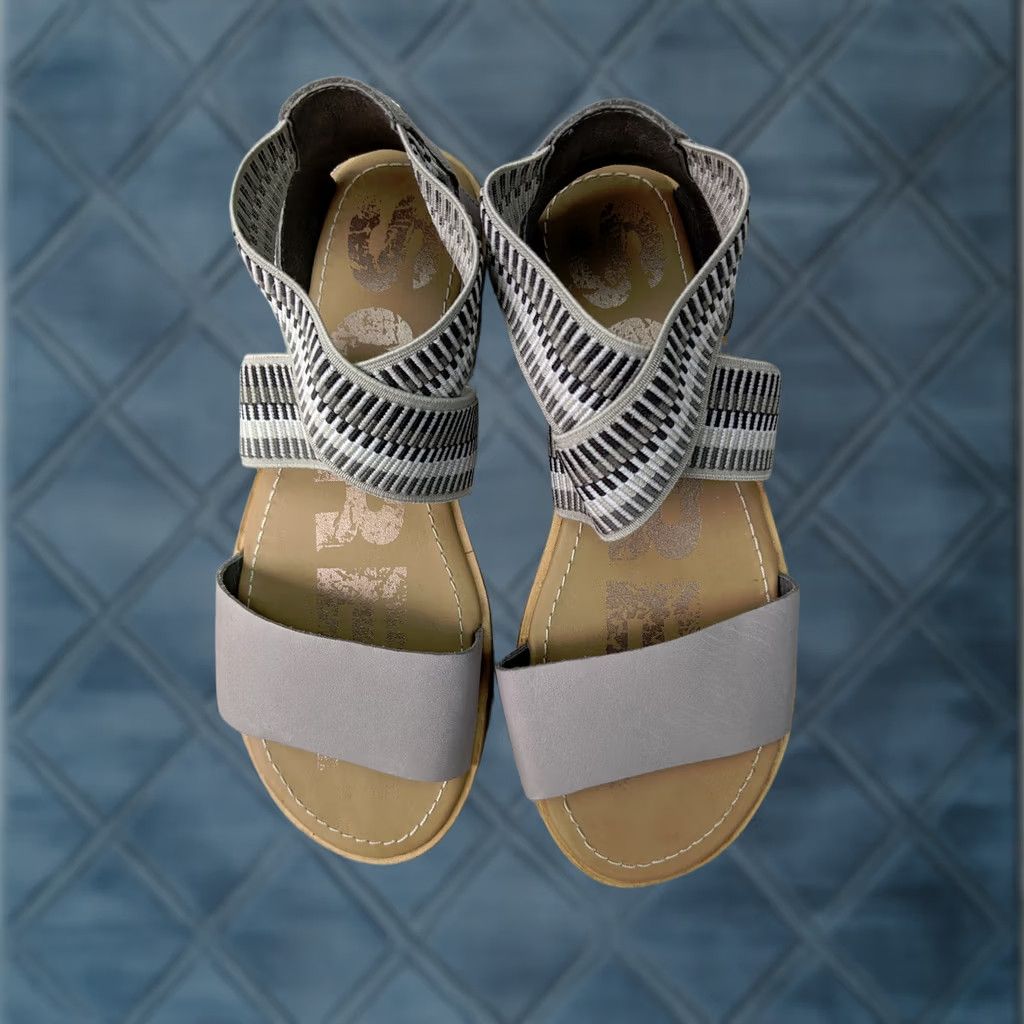 SOREL Sorel Sandals Women 6 37 Ella Dove Grey Leather Stripe Stretch Ankle LL5359-081 Size US 6 / IT 36 - 1 Thumbnail