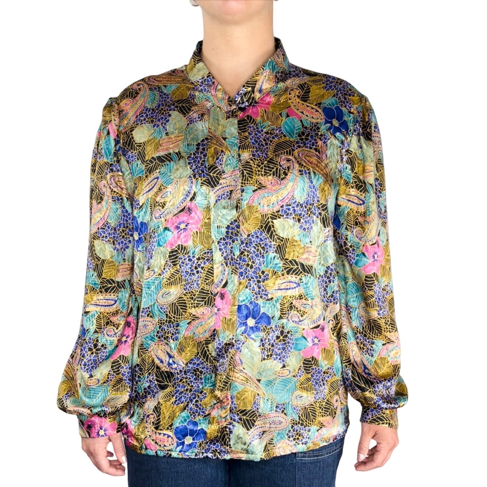 Vintage 80s Vintage Satin Floral Art Deco Button Down Blouse XL Size XL / US 12-14 / IT 48-50 - 5 Thumbnail