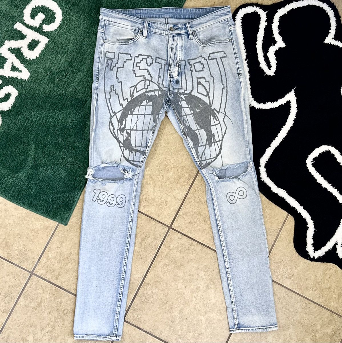 Ksubi Ksubi Van Wrinkle Globe Graffiti Skinny Jeans Blue Size US 36 / EU 52 - 1 Thumbnail