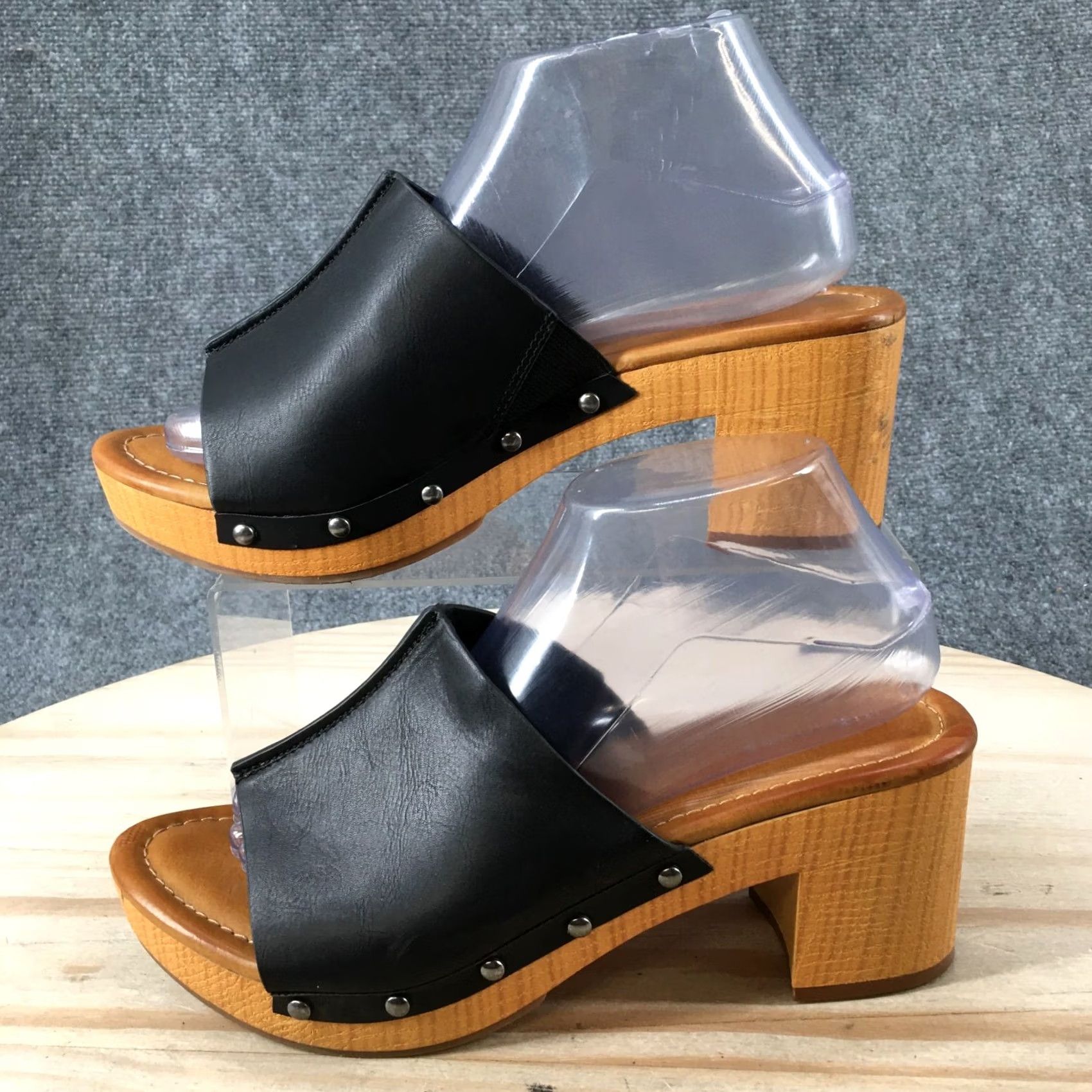 Vintage Maurices Womens Sammi Slide Heels Black Faux Leather Open Toe Slip On Size 9 Sandal Size US 9 / IT 39 - 2 Thumbnail