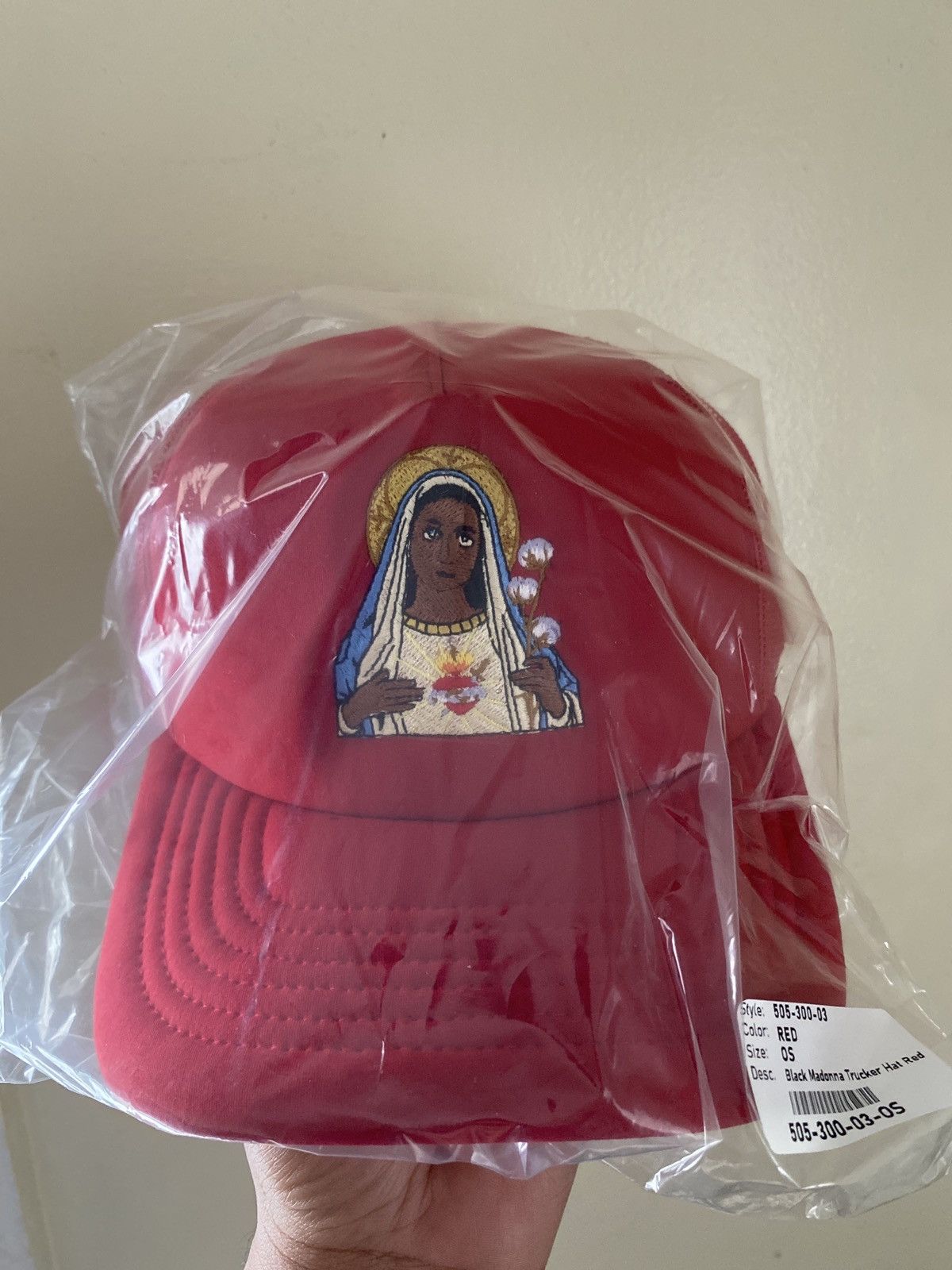 image of Denim Tears Black Mary Queen Trucker Cap in Red, Men's