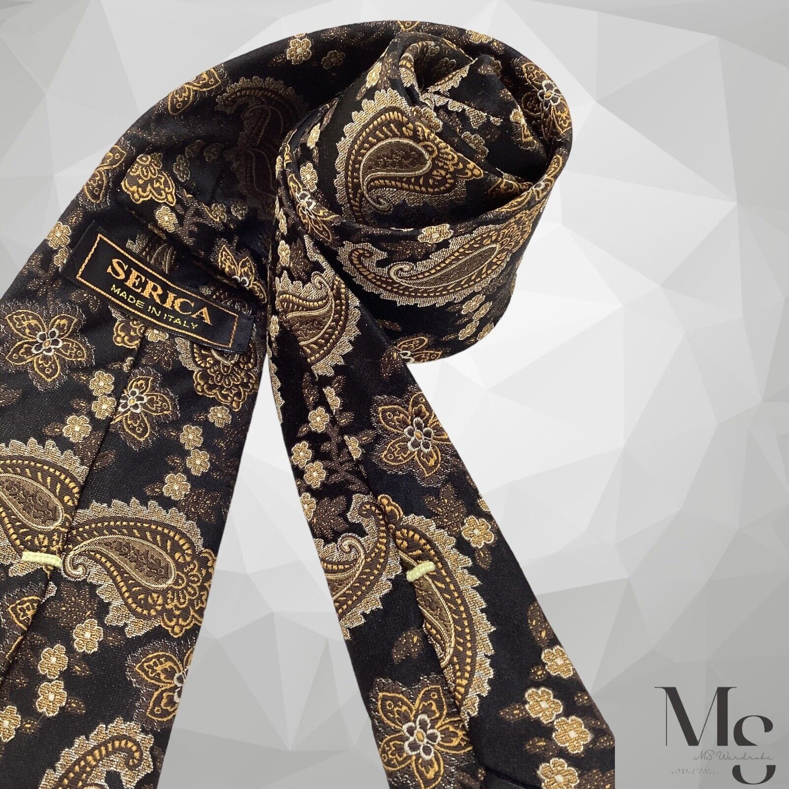 Serica SERICA Black Brown Paisley Silk Tie Made In Italy W: 3.5" EX Size ONE SIZE - 4 Thumbnail