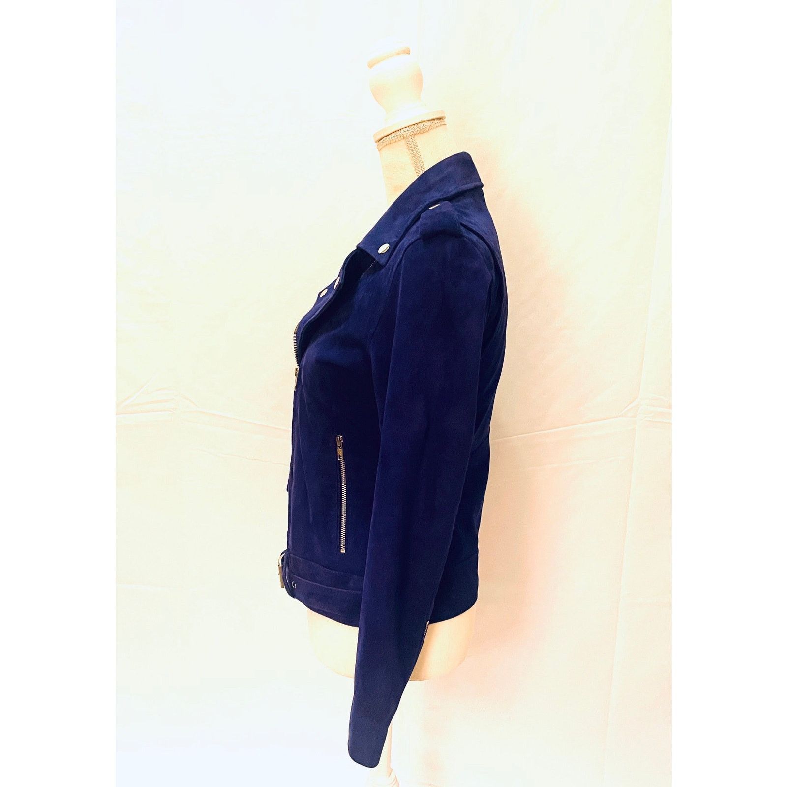 & Other Stories Sapphire Blue Suede Moto Belted Jacket Size S / US 4 / IT 40 - 4 Thumbnail