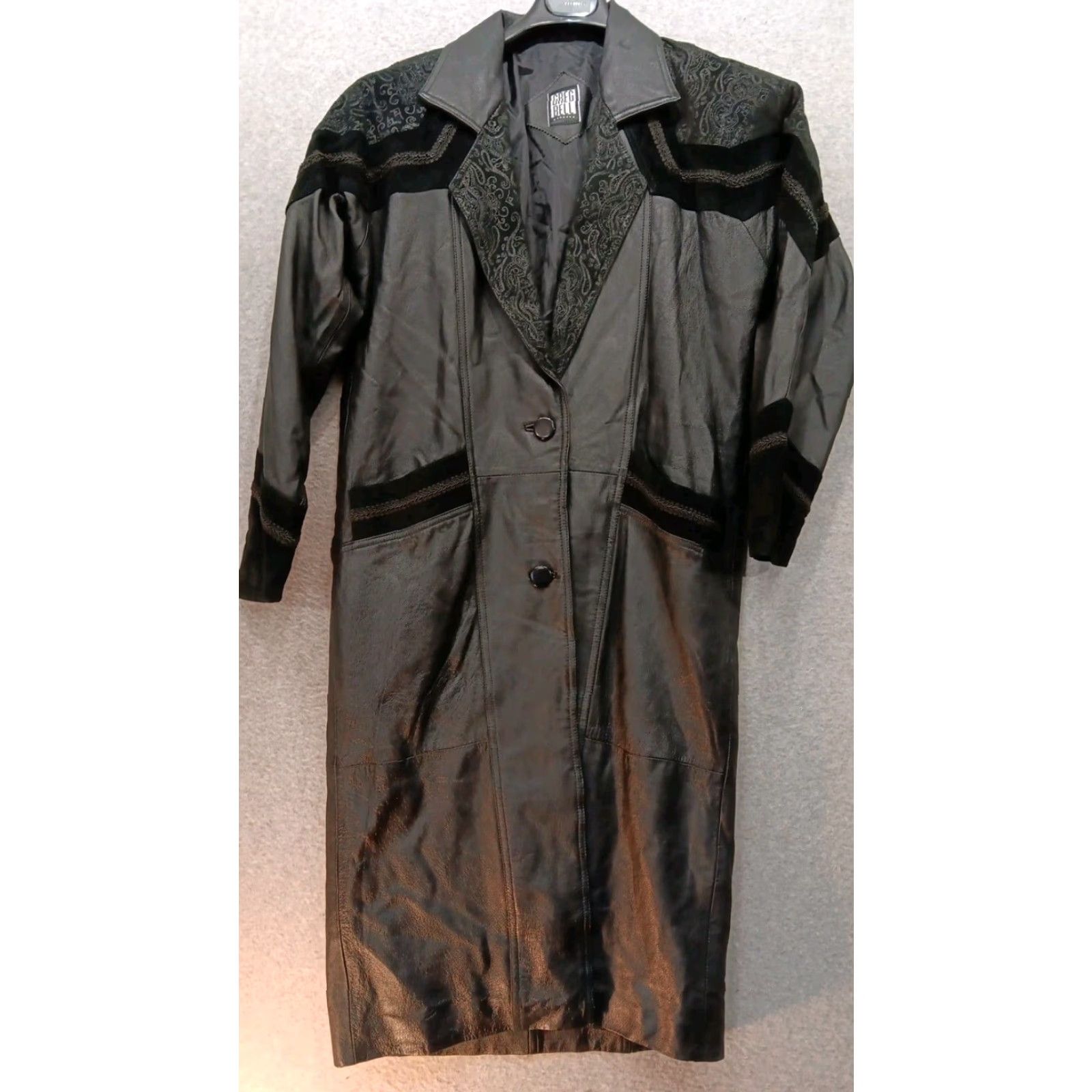 Bell VINTAGE Greg Bell Women's Leather Trench Coat M Black Paisley Leather 80s-90s Coat Womens 44" Chest 46" Hem Black Size M / US 6-8 / IT 42-44 - 2 Thumbnail