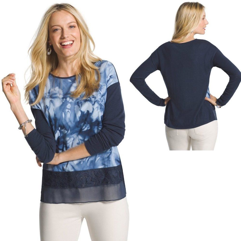 Chicos Chico's Blue Floral Sweater Size 2 US L Size L / US 10 / IT 46 - 1 Thumbnail