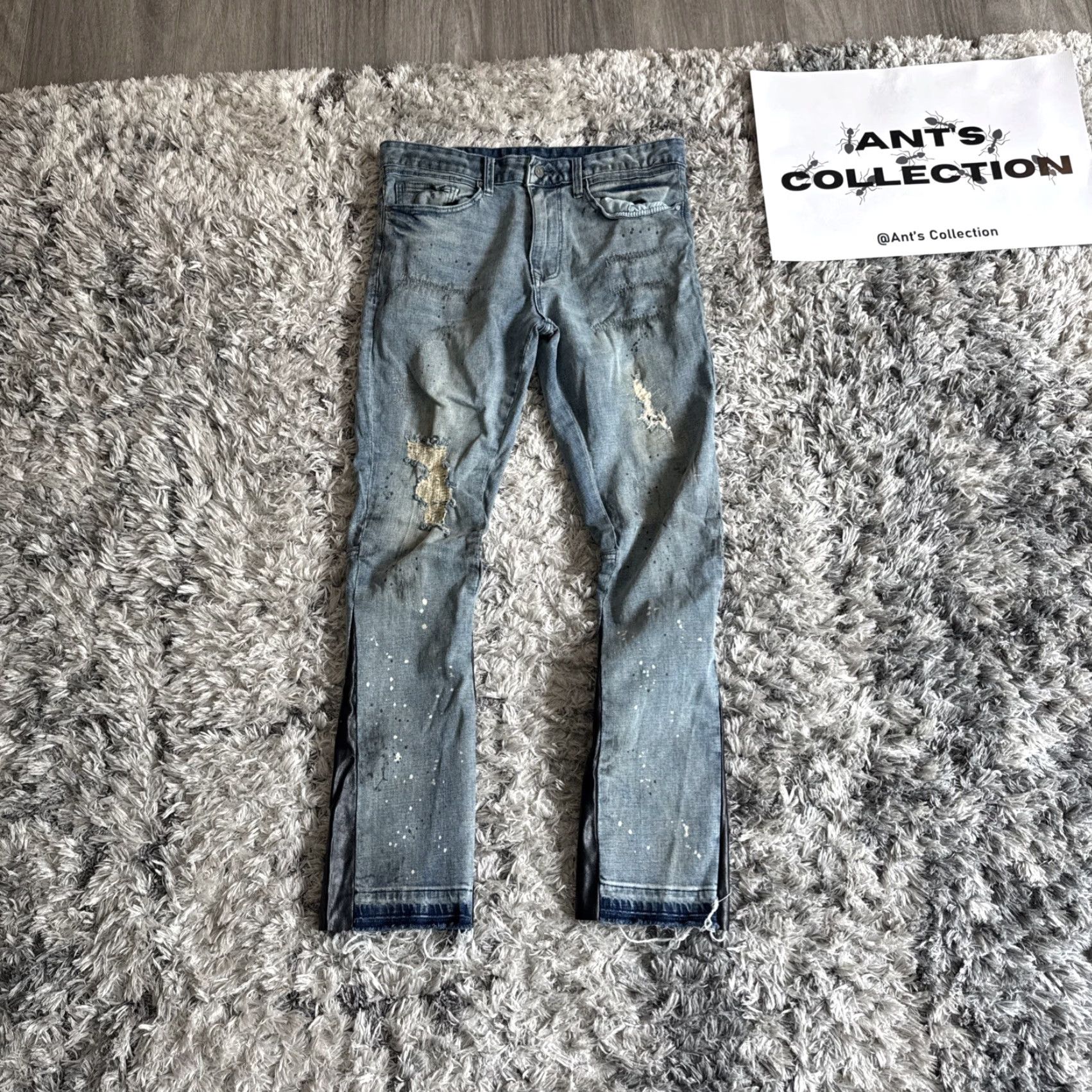 Denime FIRST ROW Jeans Men’s Skinny Blue Denim Paint Splattered Distressed Size 34x32 DAMAGE Size US 34 / EU 50 - 7 Thumbnail