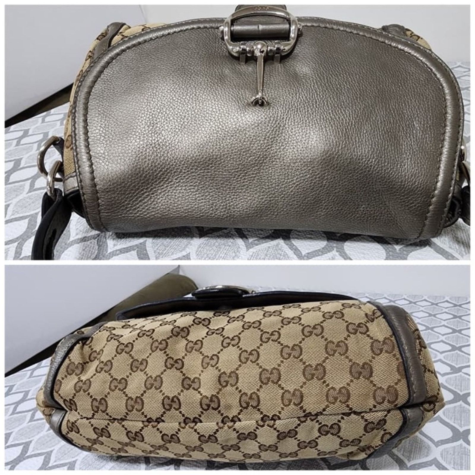 Gucci Gucci Medium GG Canvas Techno Horsebit Flap Hobo Bag Grey/Be Size ONE SIZE - 8 Thumbnail