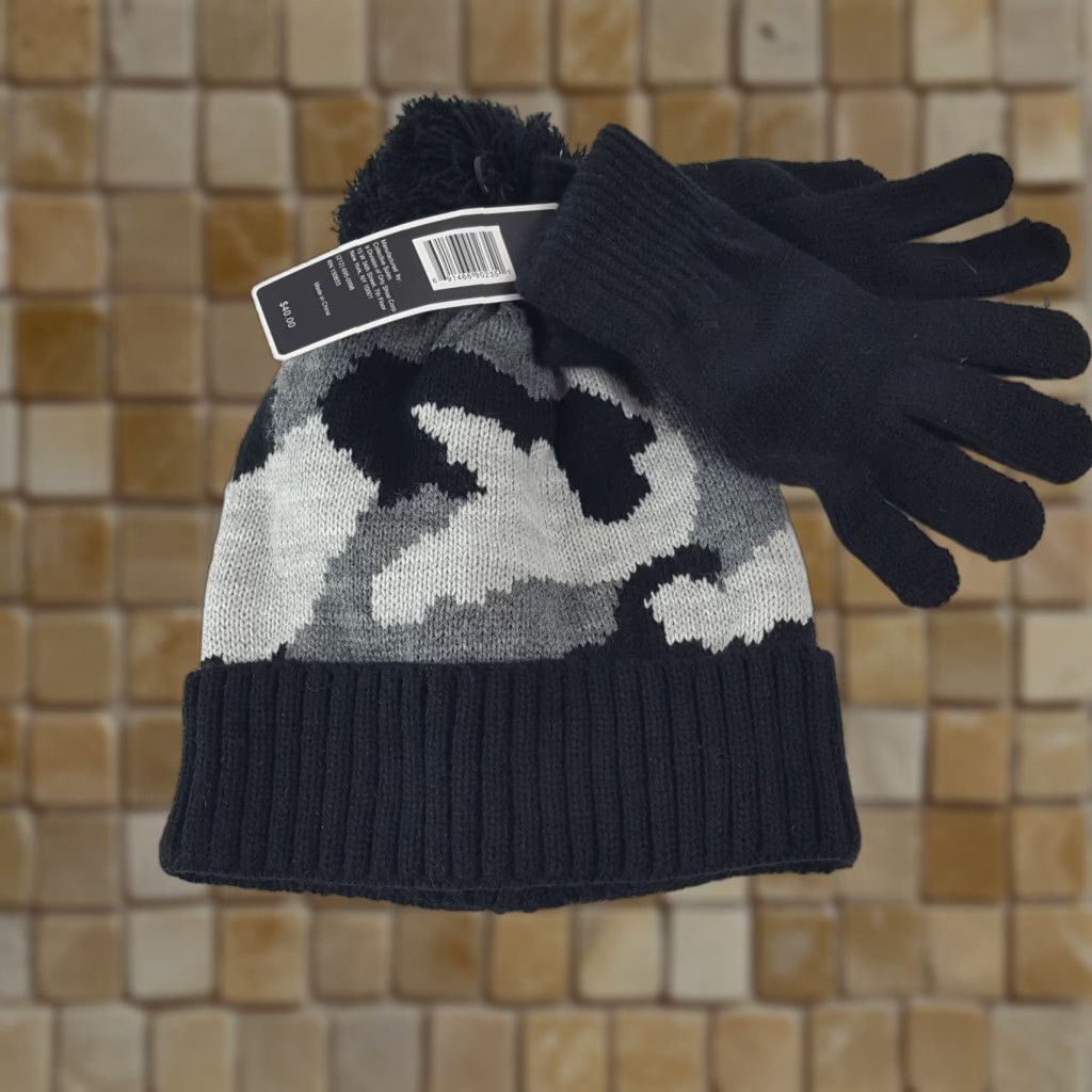 Vintage VINTAGE Charles Albert Gray Camo Beanie Hat & Gloves Set One Size Knit Winter Cap NEW 90s Unisex Adults Size ONE SIZE - 1 Thumbnail
