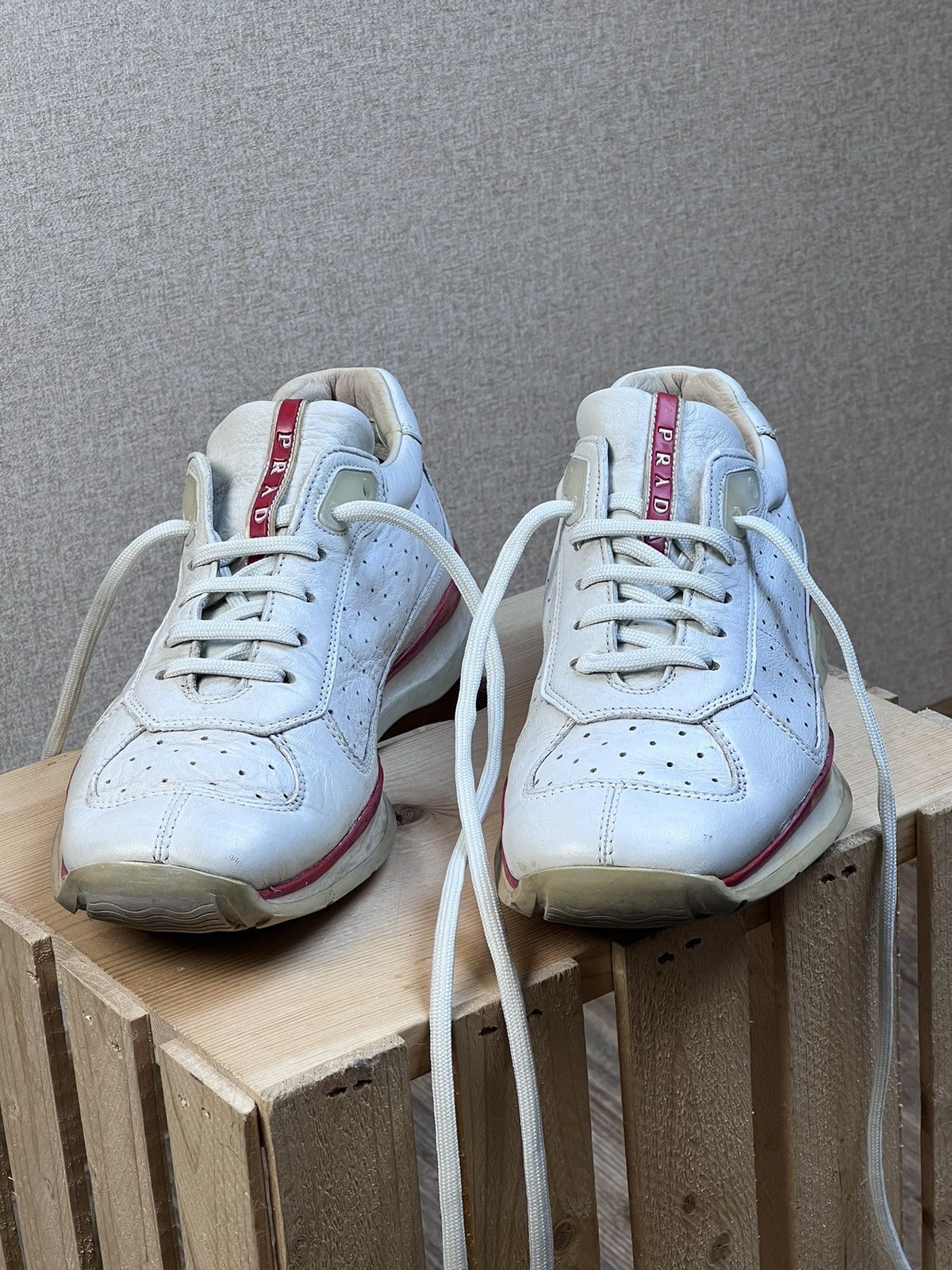 Prada Vintage Prada Red Tab Leather Sneakers Shoes White US: 6.5 Size US 6.5 / EU 39-40 - 4 Thumbnail