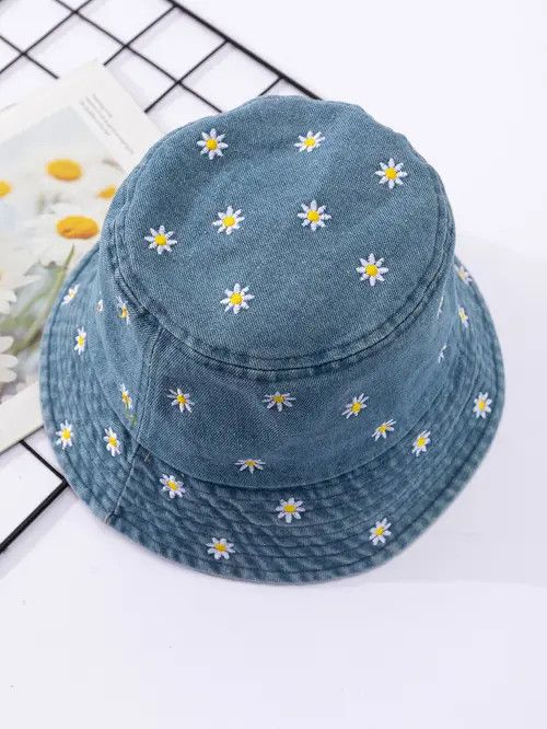 Japanese Brand Denim Flower Embroidery Bucket Hat Size ONE SIZE - 2 Thumbnail