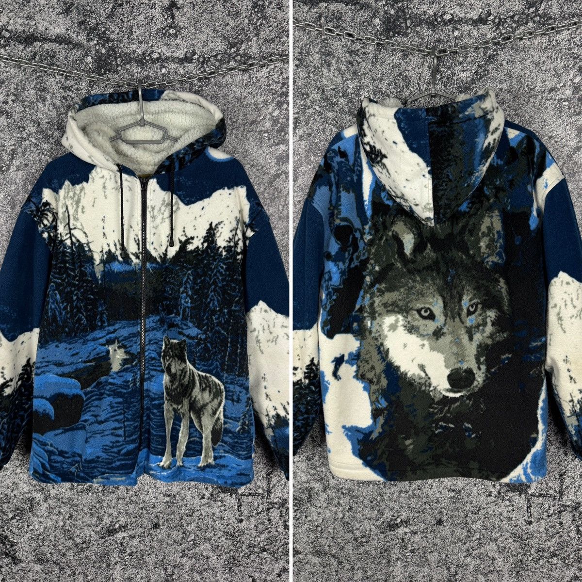 Vintage Wolf Mountain Fleece Jacket Sherpa Warm Overprint XL