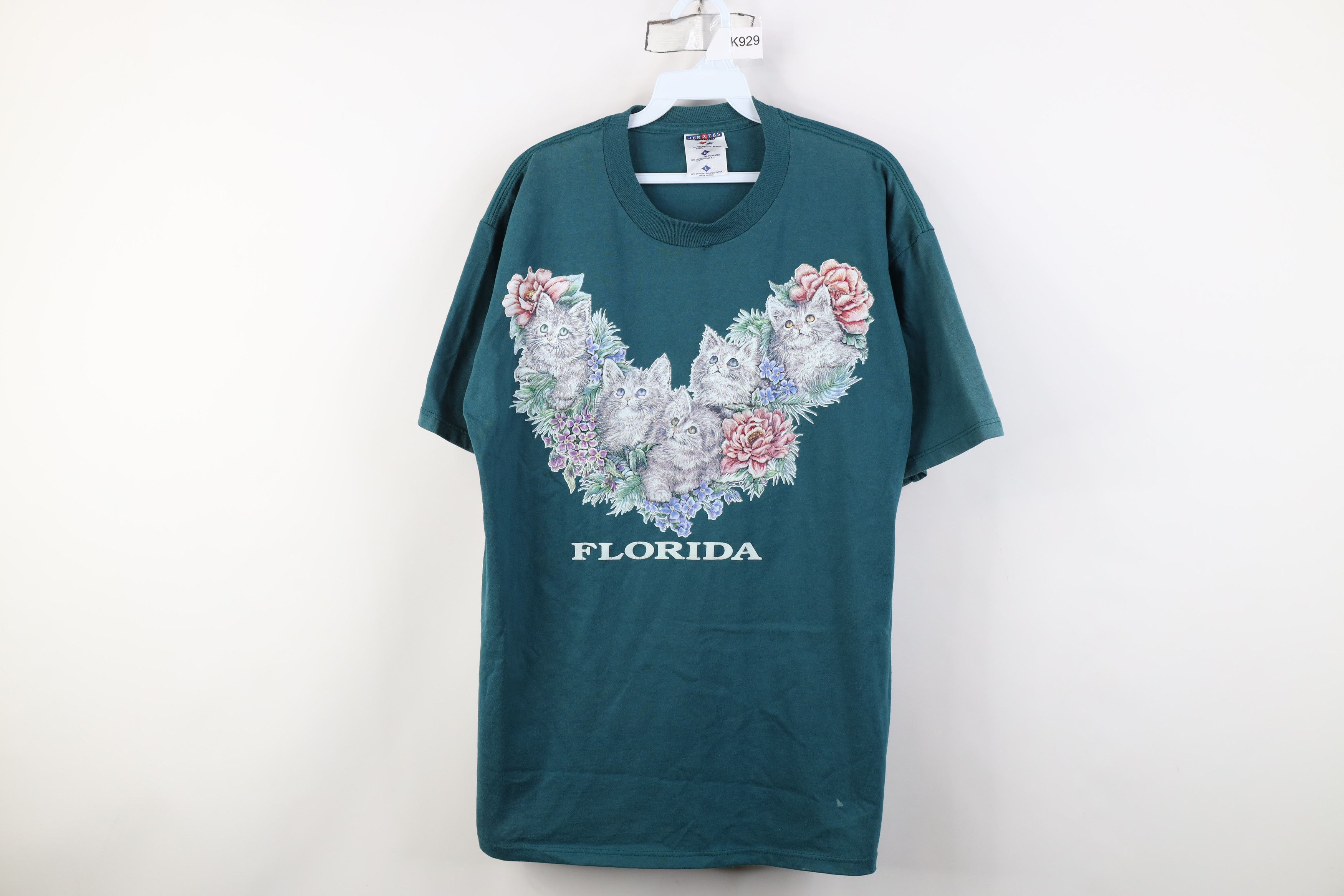 Vintage Vintage 90s Streetwear Cat Kitten Flower T-Shirt Teal USA Size L / US 10 / IT 46 - 1 Thumbnail