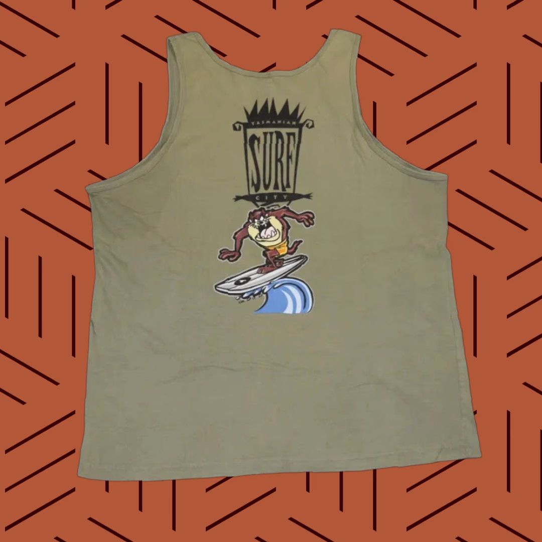 Vintage VINTAGE WARNER BROTHERS TASMANIAN DEVIL SURFING MUSCLE SHIRT TANK TOP 90s ARMY GREEN MEN'S XL GRAPHIC SURFER SKATER Size US XL / EU 56 / 4 - 1 Thumbnail