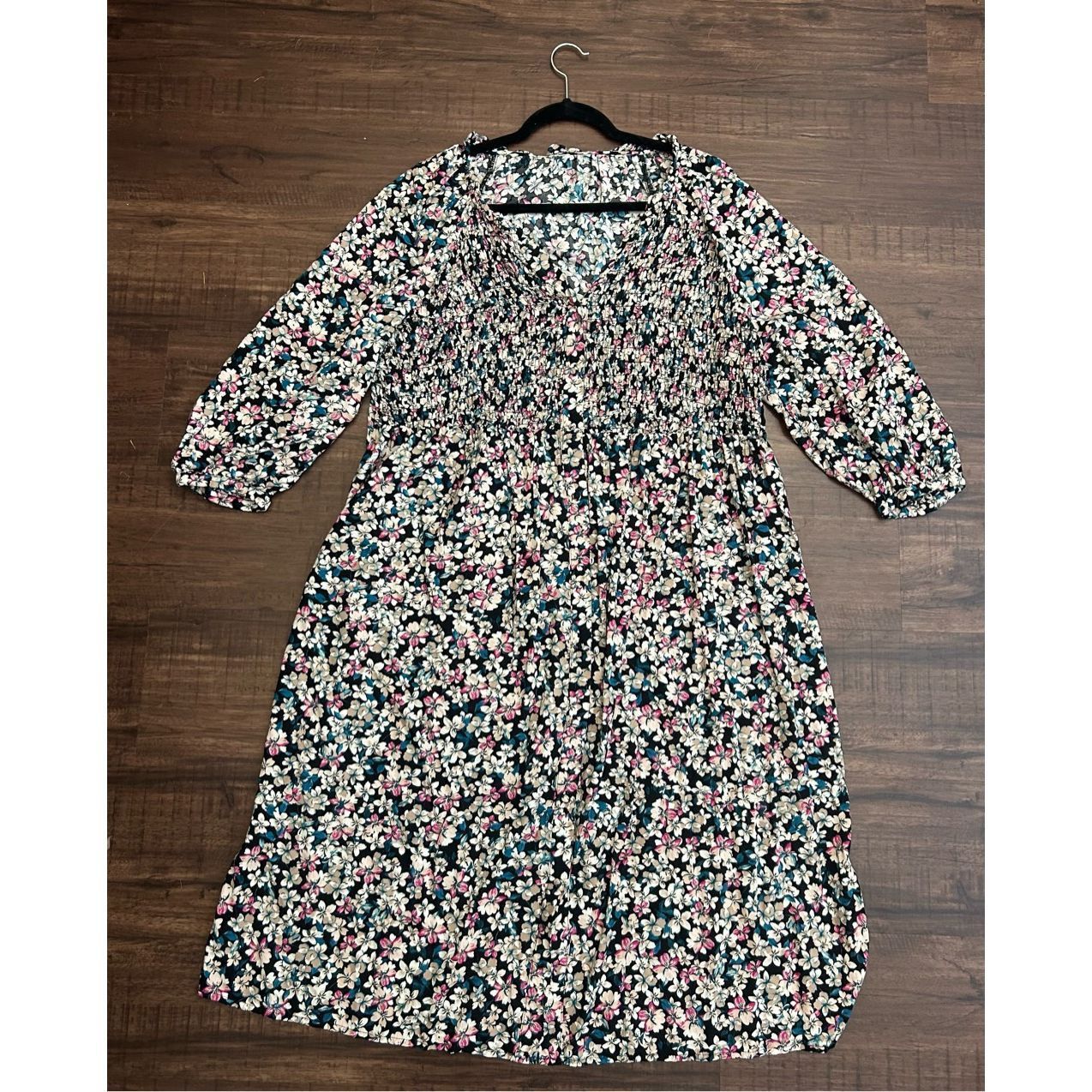 SPY Optic Terra & Sky Dress Multicolor Floral Smocked Midi Side Slits, Size XL / US 12-14 / IT 48-50 - 1 Thumbnail