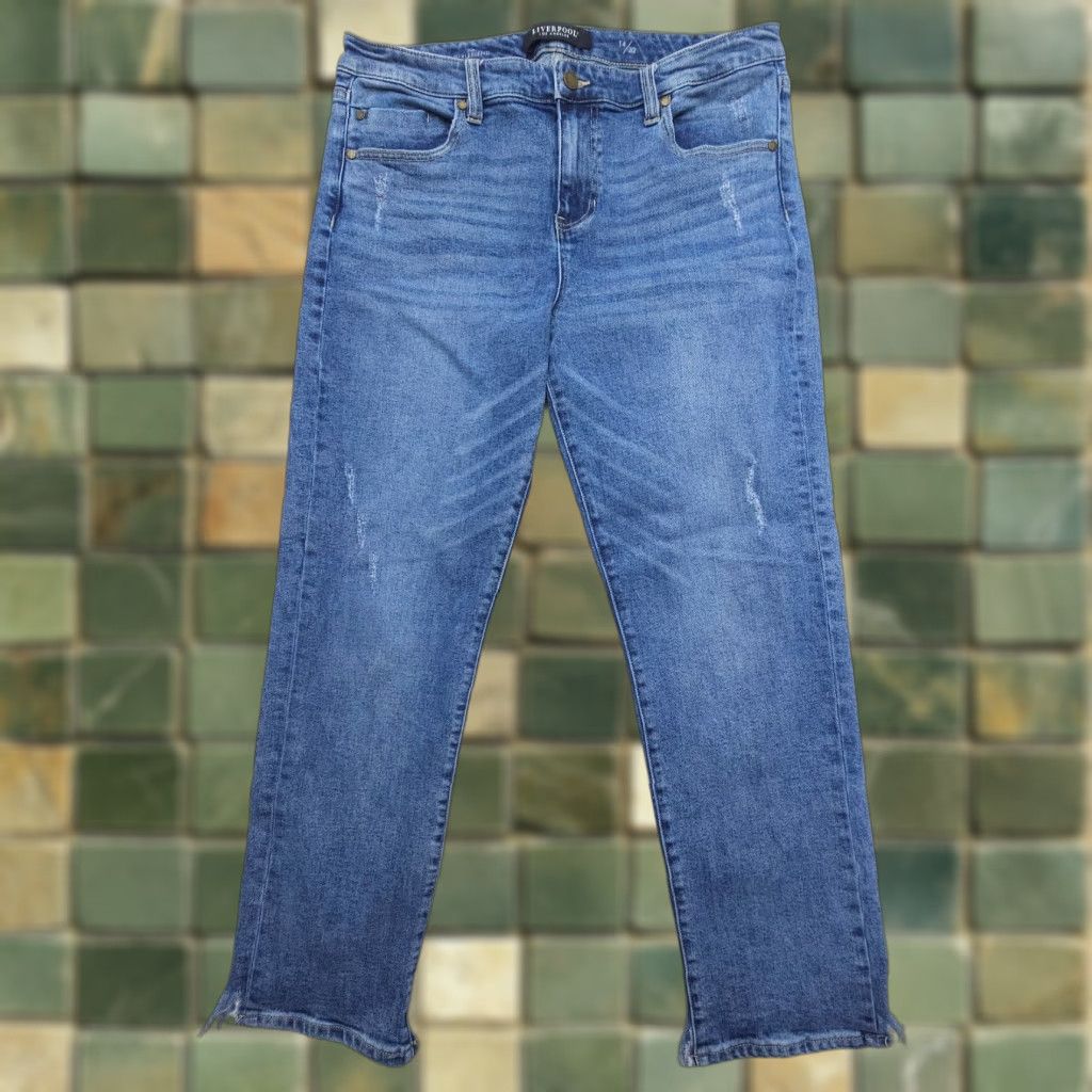 Vintage Liverpool Jeans The Girlfriend Jeans Womens 14 / 32 Blue Mid Rise Stretch Distressed Size 36" / US 14 / IT 50 - 1 Thumbnail