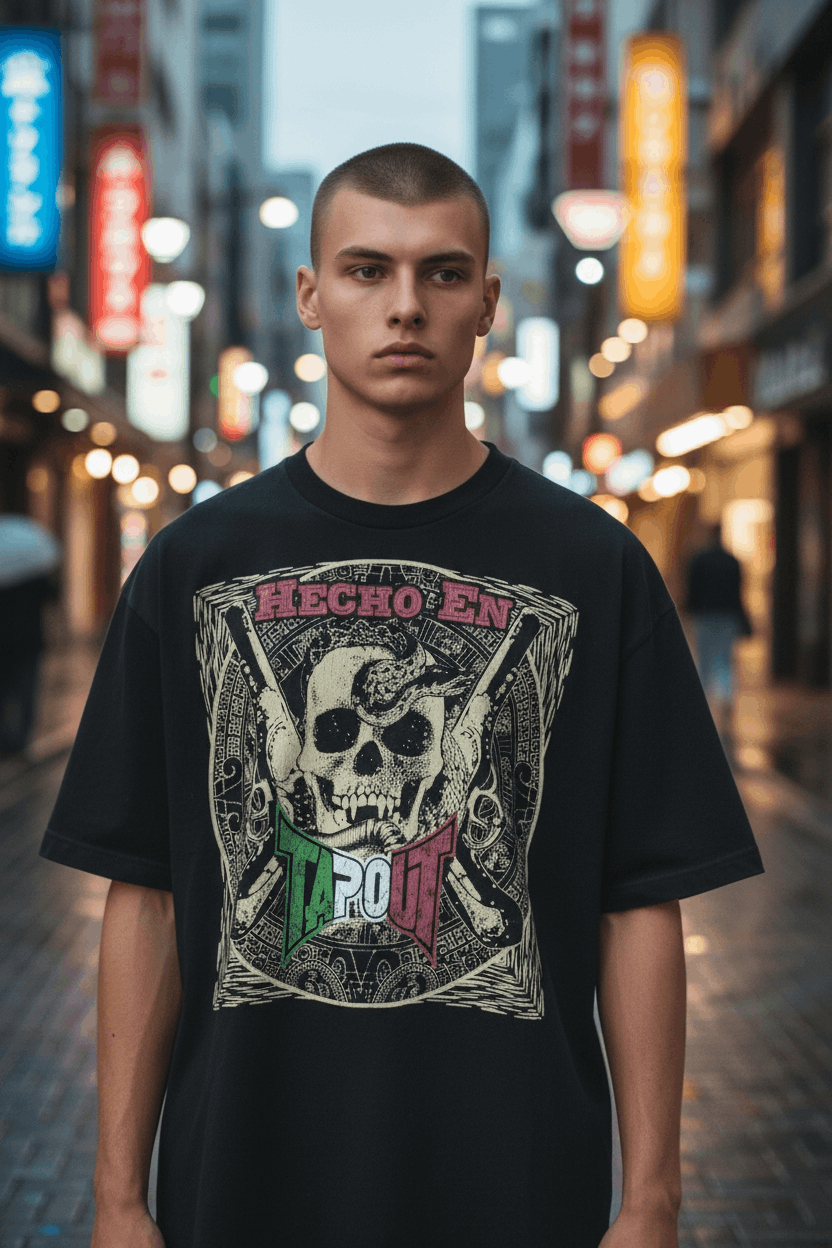 Japanese Brand Vintage Y2k TAP OUT Hecho En Skull Big Graphic Image T-Shirt Size US XL / EU 56 / 4 - 1 Thumbnail