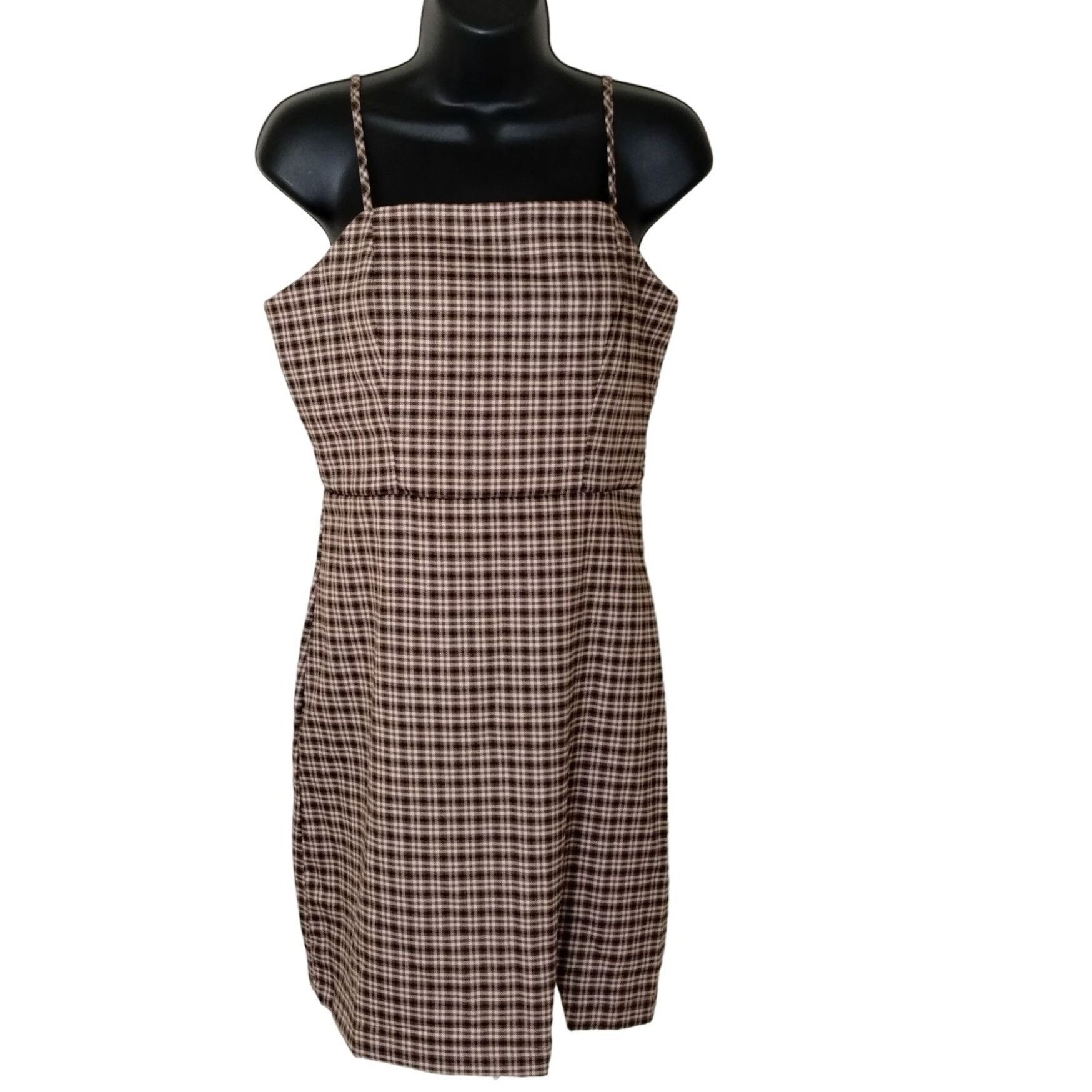 GB GB Juniors M Brown and Pink Plaid Mini Dress with Square Nec Size M / US 6-8 / IT 42-44 - 1 Thumbnail