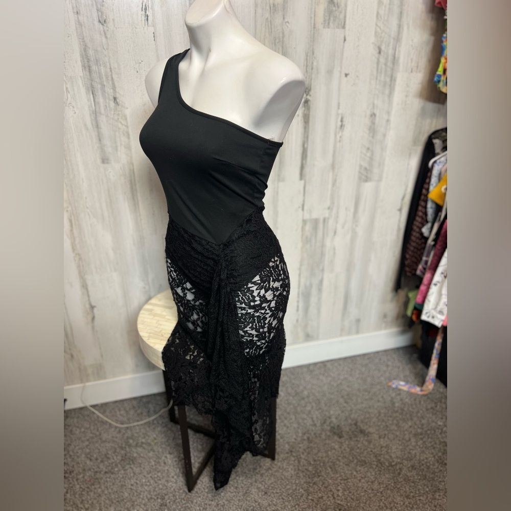 Other Black One-Shoulder Lace Mesh Maxi Dress • Size S • Evening / Size S / US 4 / IT 40 - 2 Thumbnail
