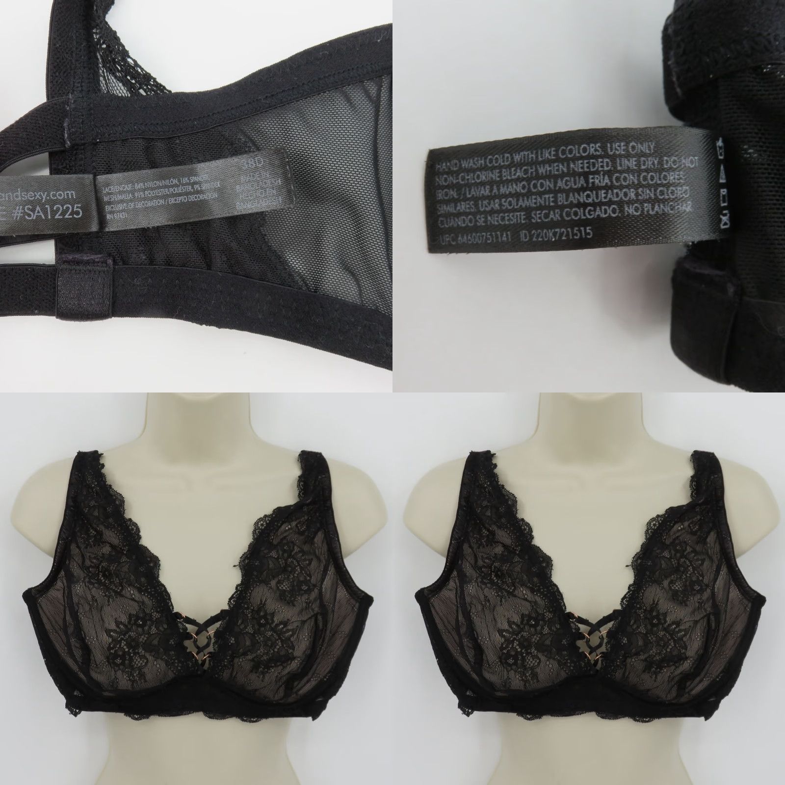 Vintage Smart & Sexy Bra 38D SA1225 Black Floral Flower Lace Underwire Unlined Lace Up Size ONE SIZE - 9 Thumbnail