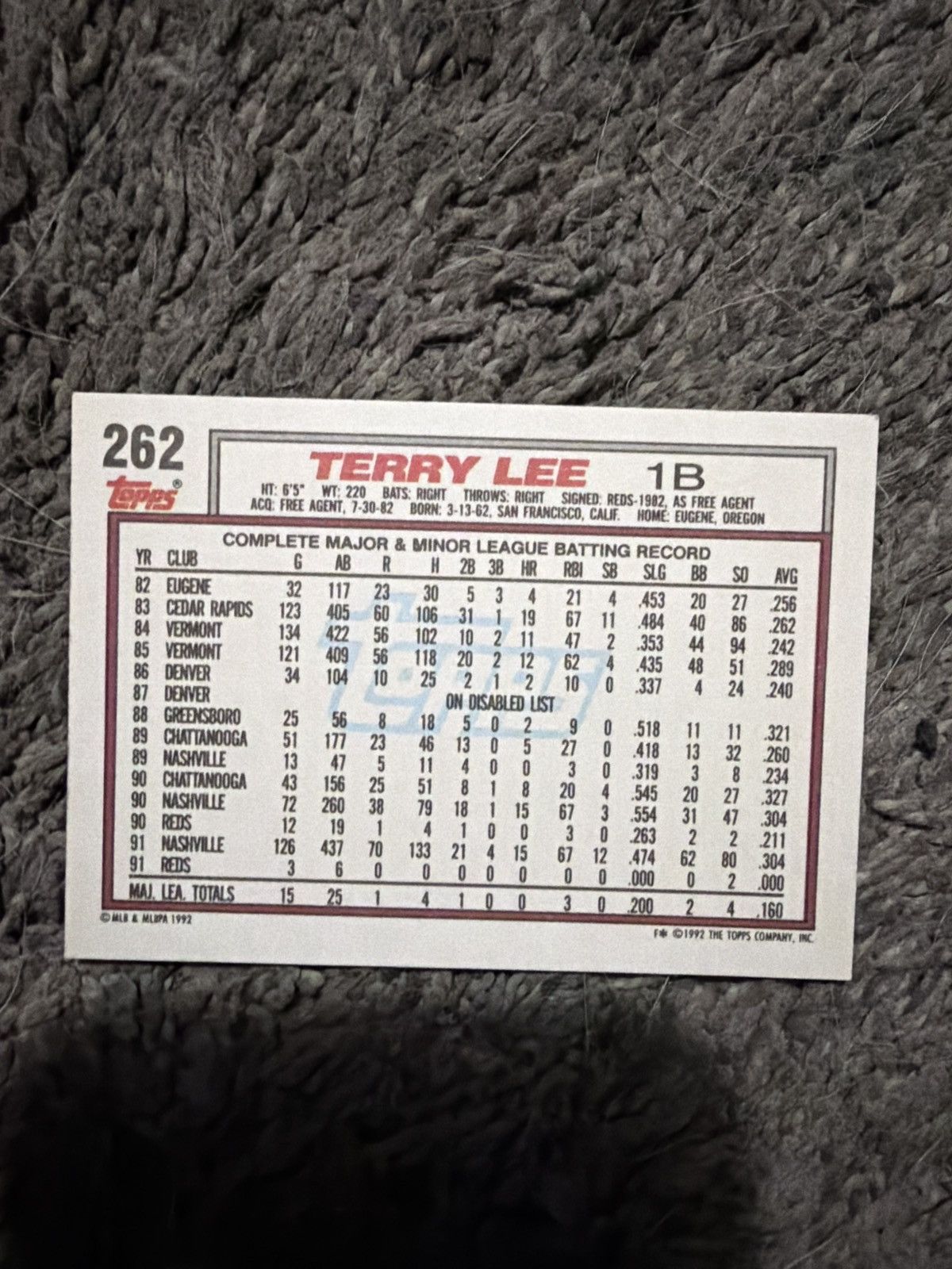 MLB 1992 Topps #262 Terry Lee Card Size ONE SIZE - 2 Thumbnail