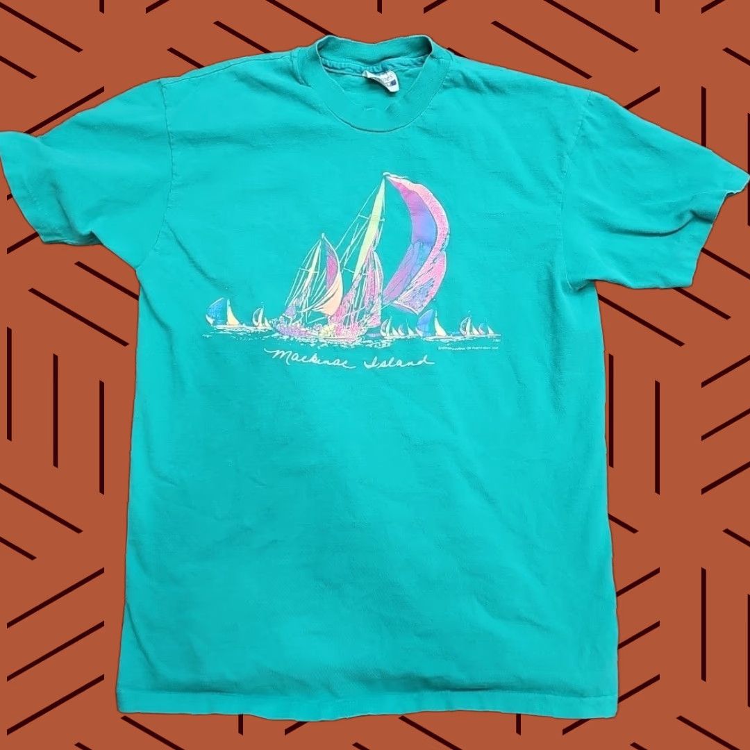 Hanes VINTAGE Hanes Single Stitch Shirt L Men Crew Neck 1991 Mackinac Island Michigan Sailing Sail Boat Pastel Blue Size US L / EU 52-54 / 3 - 1 Thumbnail