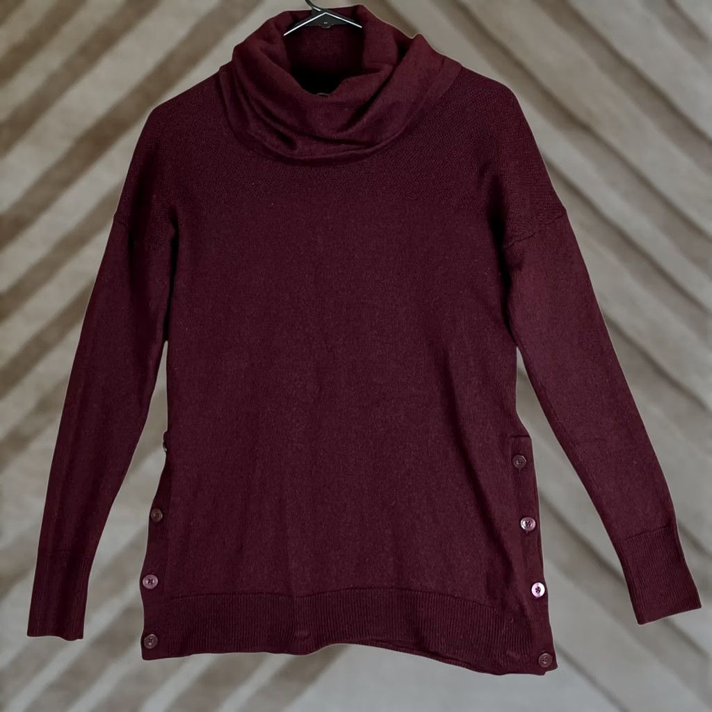 Vintage Adrienne Vittadini Sweater Burgundy Mock Neck Merino Wool S Women Pullover KnIT Solid Long Sleeve Regular Knit Style Casual Workwear Cardigan? Size S / US 4 / IT 40 - 1 Thumbnail
