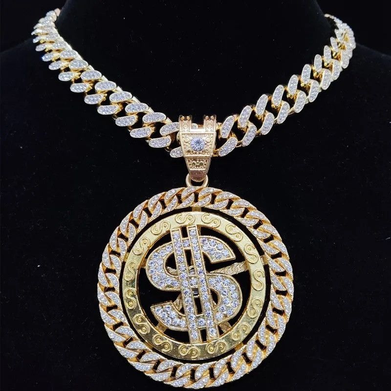 Jewelry Iced out Bling Rotatable Dollar Pendant Necklace 13mm Width Size ONE SIZE - 1 Thumbnail
