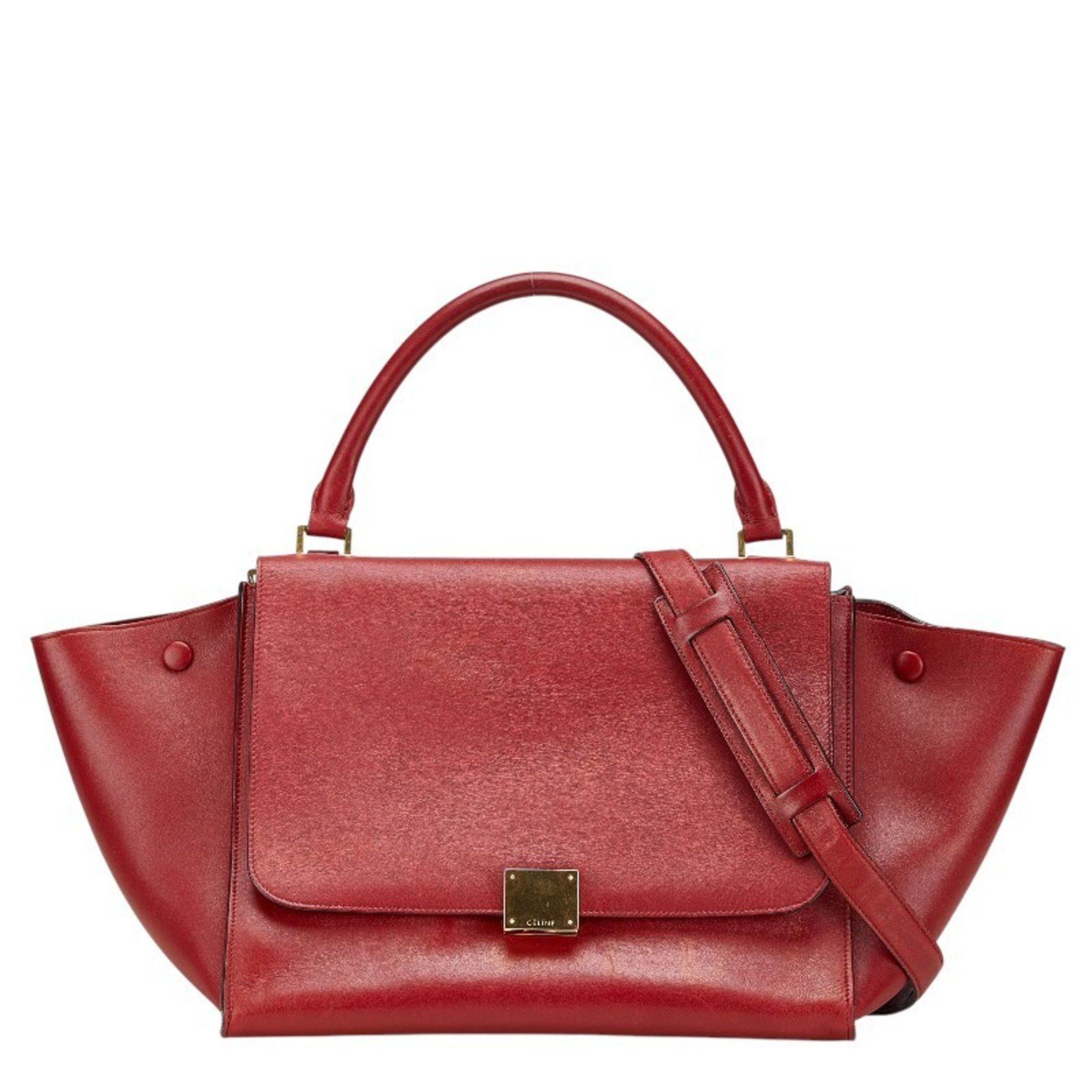 Celine Trapeze Medium Handbag Shoulder Bag Red Leather Women's