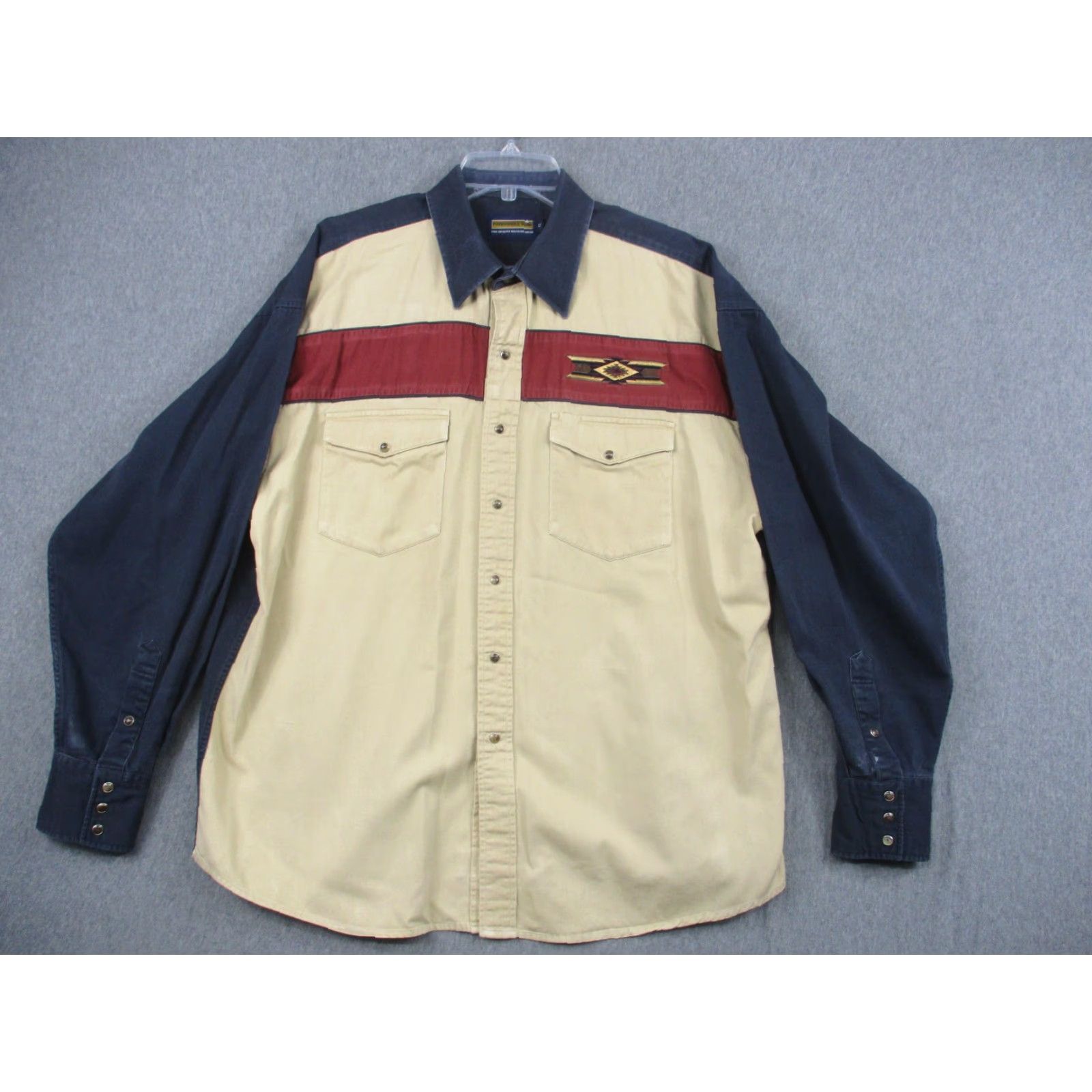 Vintage Panhandle Slim Mens XL Western Shirt Tan Navy Pearl Snap Aztec Embroidery Geometric Southwestern Embroidered Size US XL / EU 56 / 4 - 2 Thumbnail