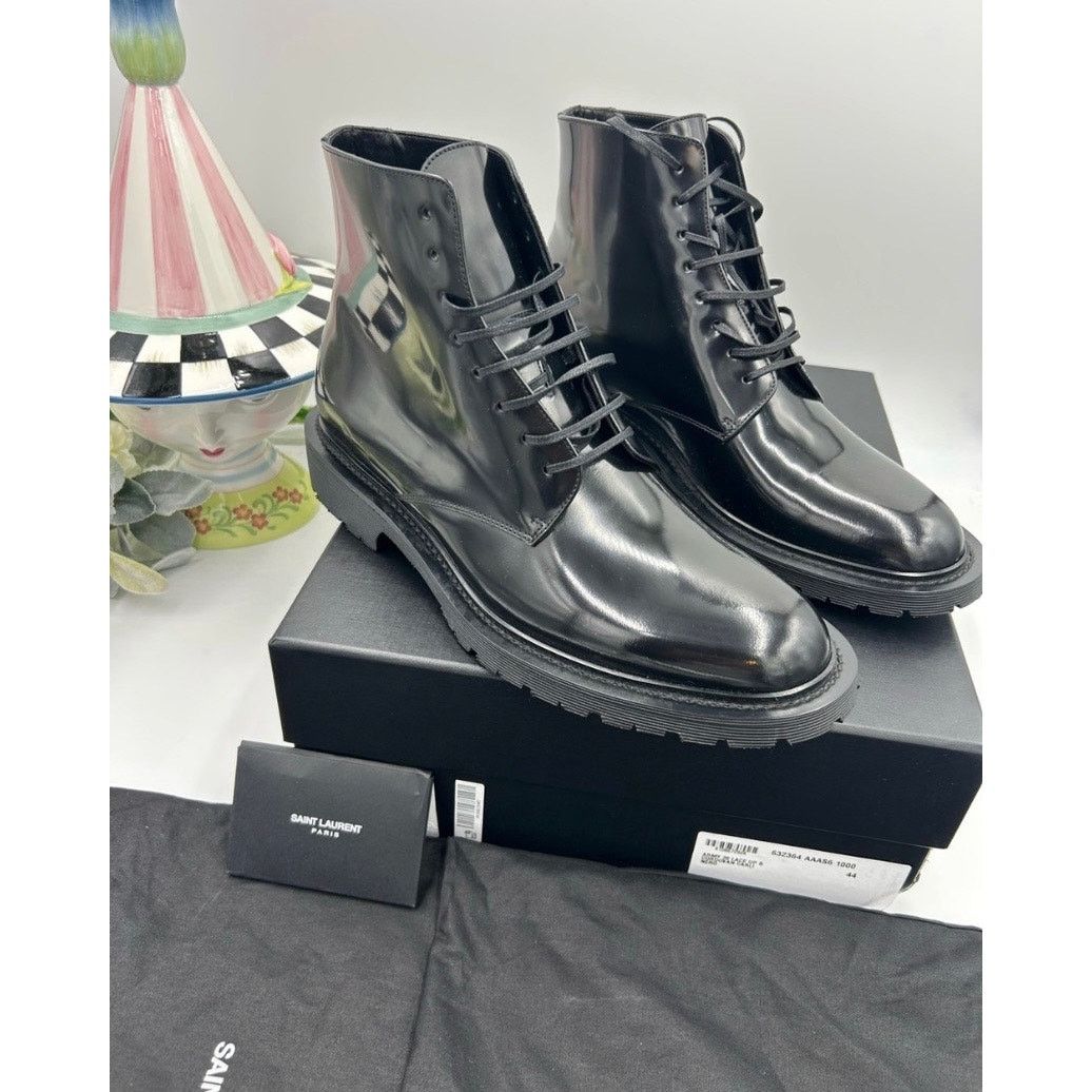 Saint Laurent Paris Mens Saint Laurent Glossy Black Lace-Up Ankle Boots size 44 Size US 11 / EU 44 - 1 Thumbnail