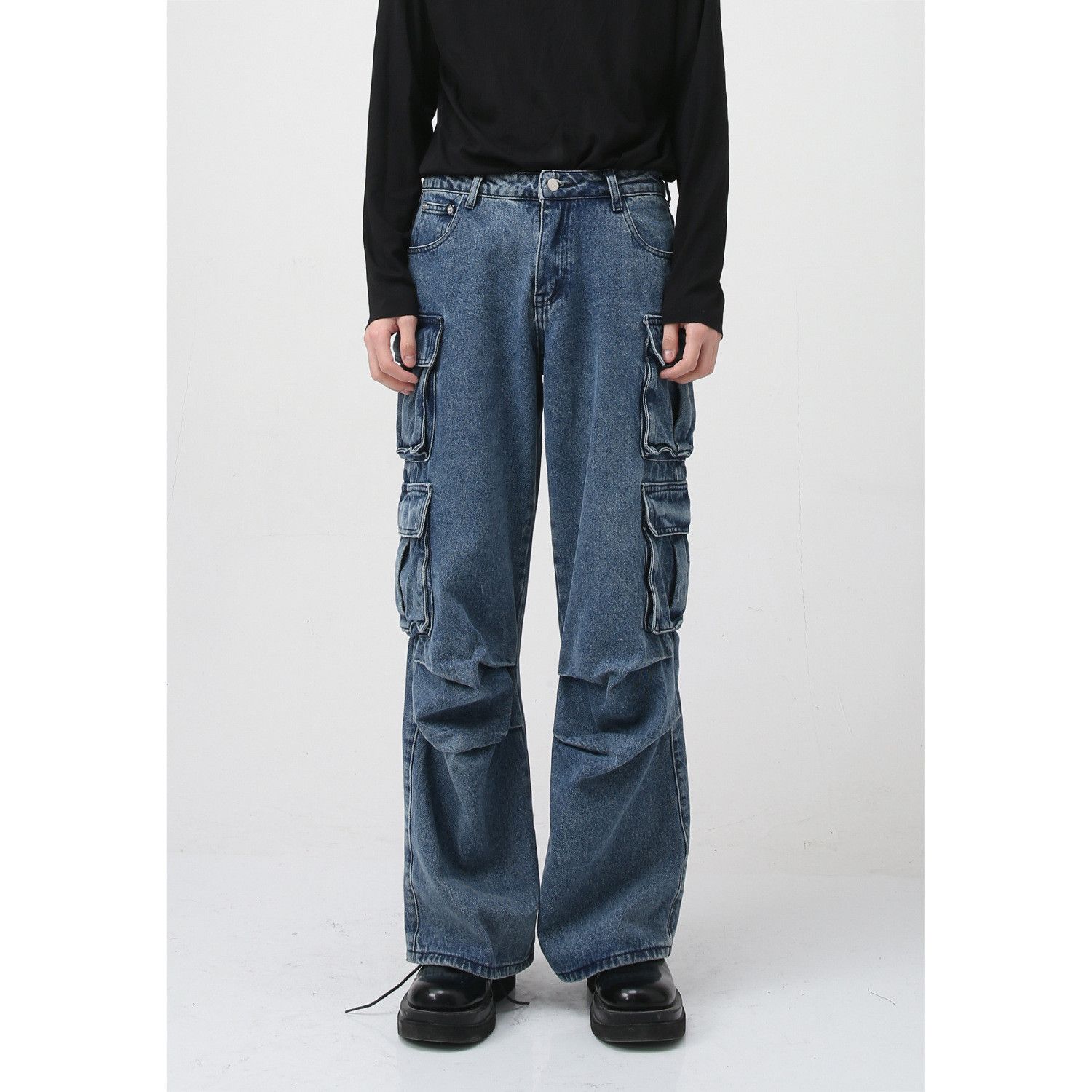 utility pleated faded baggy cargo jeans