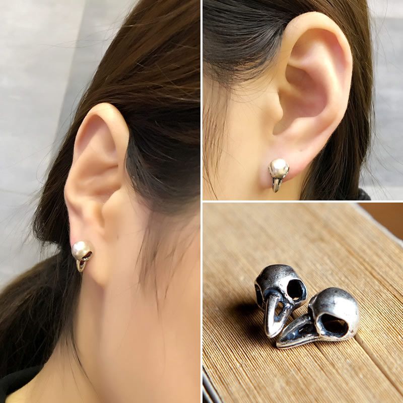Sterling Silver Bird Skull Punk Earrings One Pairs Chrome Jewelry Size ONE SIZE - 2 Thumbnail