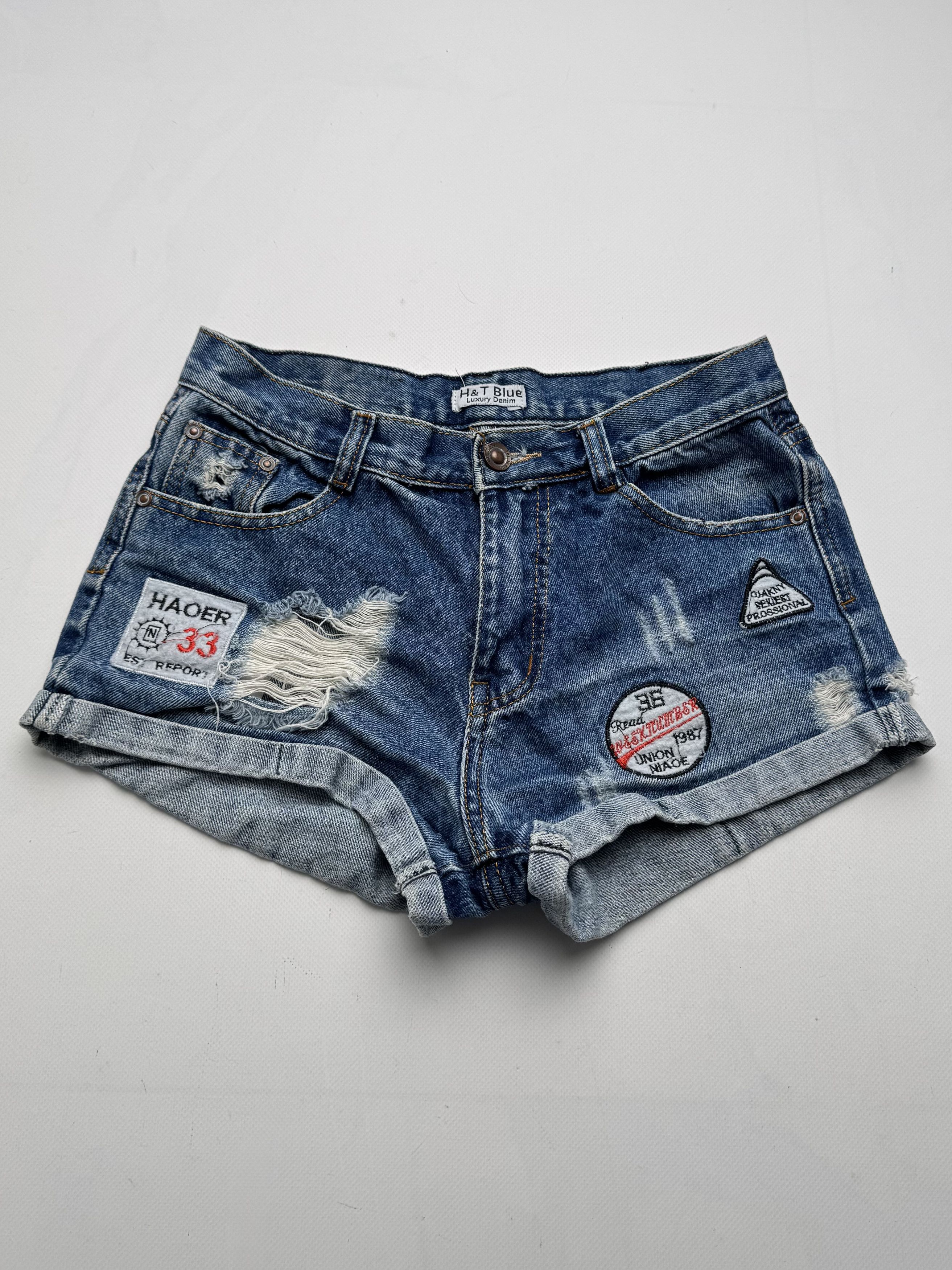 Vintage Vintage Denim Shorts Distressed Patchwork Cuffed Low Rise E2 Size 27" / US 4 / IT 40 - 1 Thumbnail