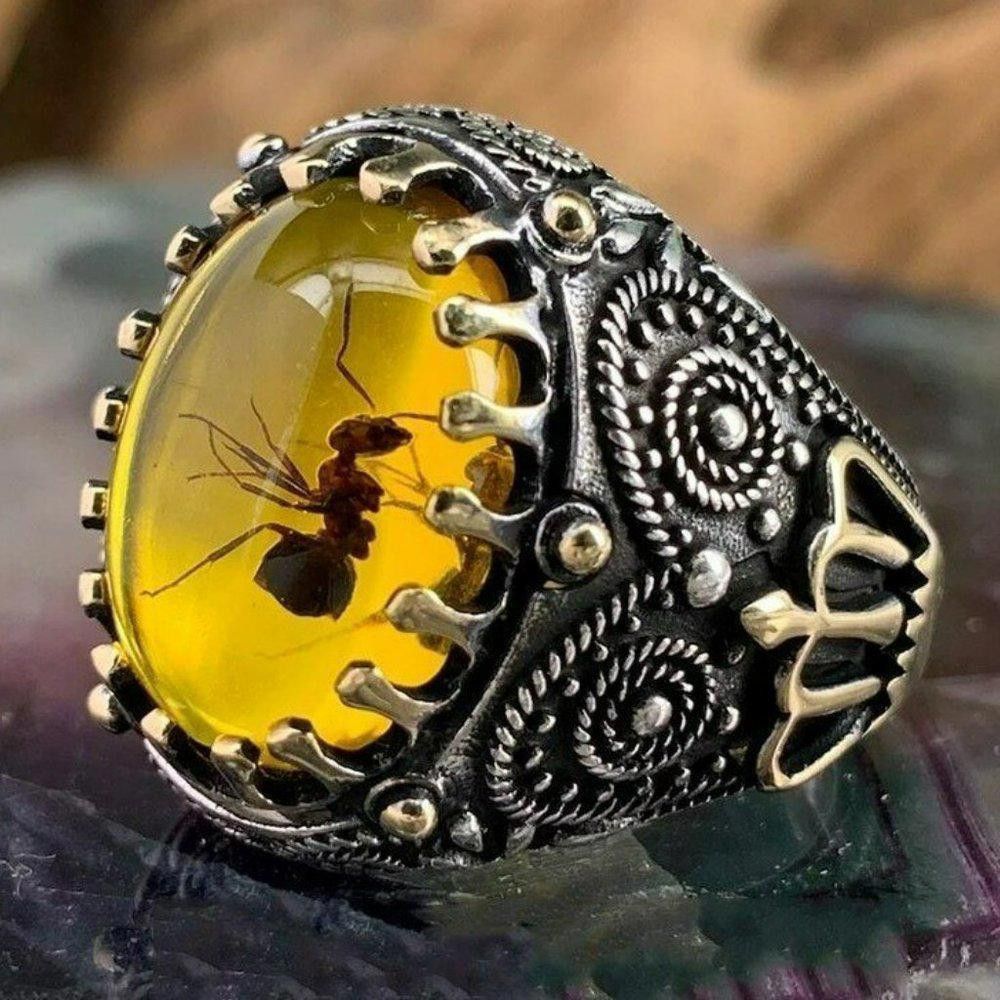 Designer Men's Royal King Crown Amber Ant Fossil Insect Ring - Size 8 Size ONE SIZE - 1 Thumbnail
