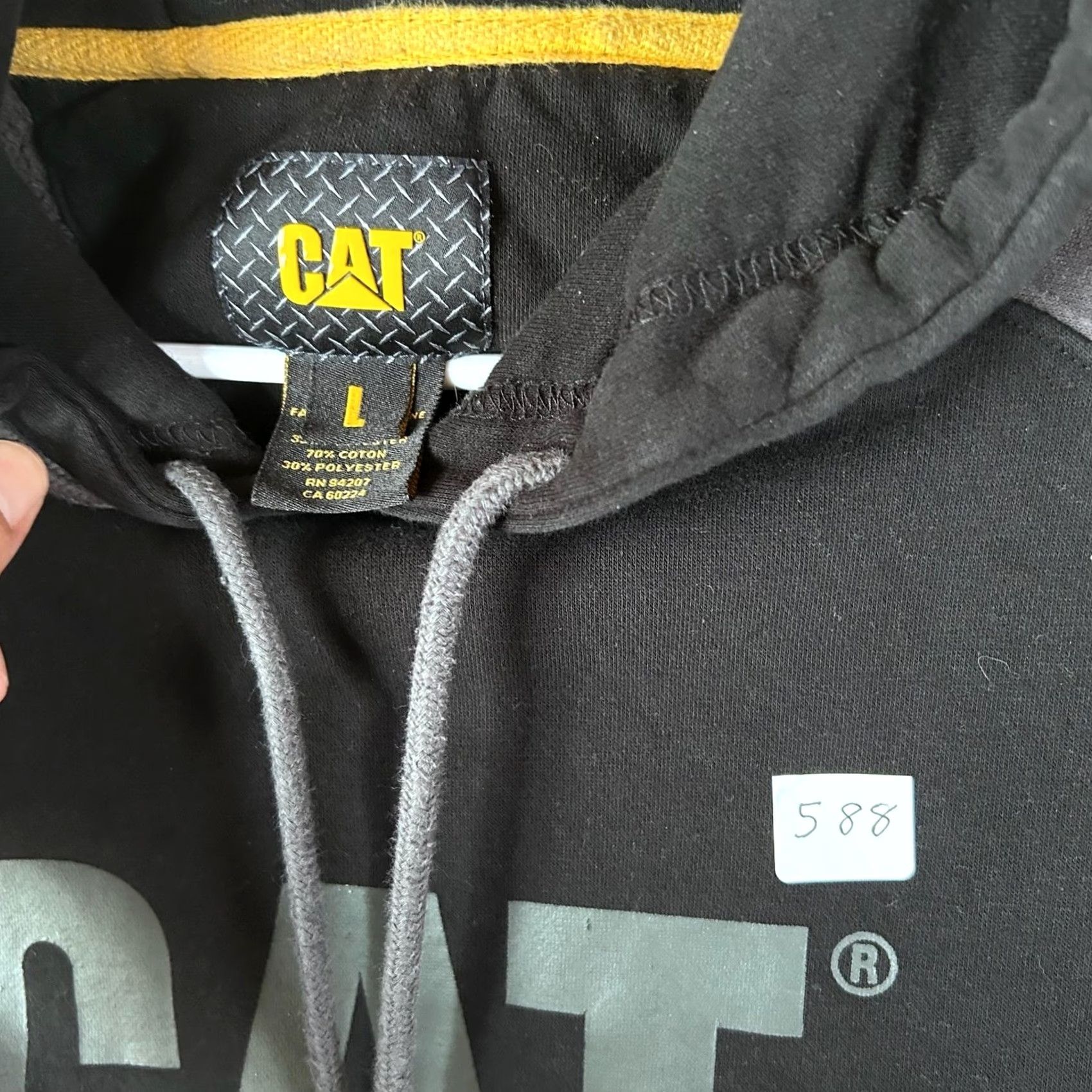 Vintage CAT Mens Hoodie Pullover Black Gray Logo Graphic Sweatshirt Large Workwear Regular Fithooded Kangaroo Pocket Size US L / EU 52-54 / 3 - 2 Thumbnail