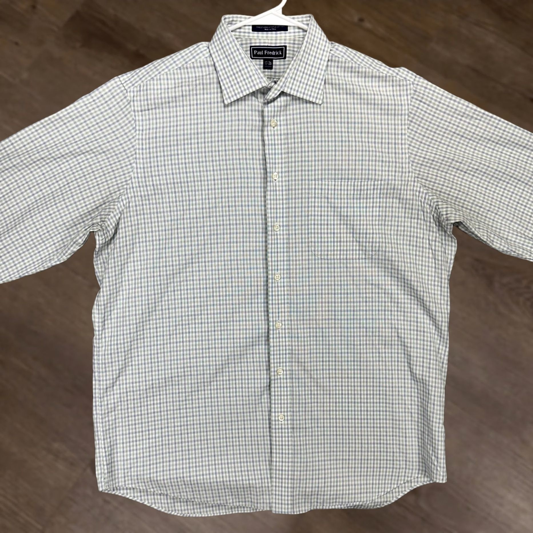 Vintage Paul Fredrick Mens Dress Shirt White Green Plaid Button Up Long Sleeve Adult 17-36 Size 46R - 1 Thumbnail