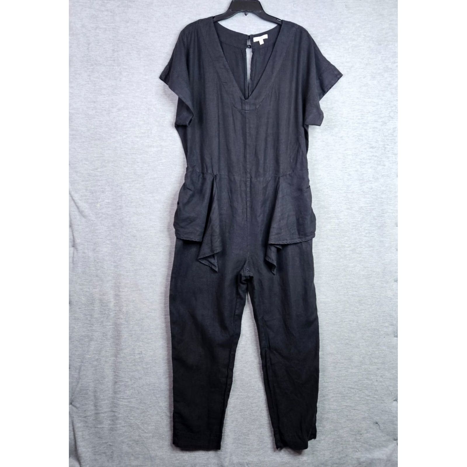 Joie Joie Women's Black Tie Waist Linen Short Sleeve Jumpsuit L Size 36" / US 14 / IT 50 - 2 Thumbnail
