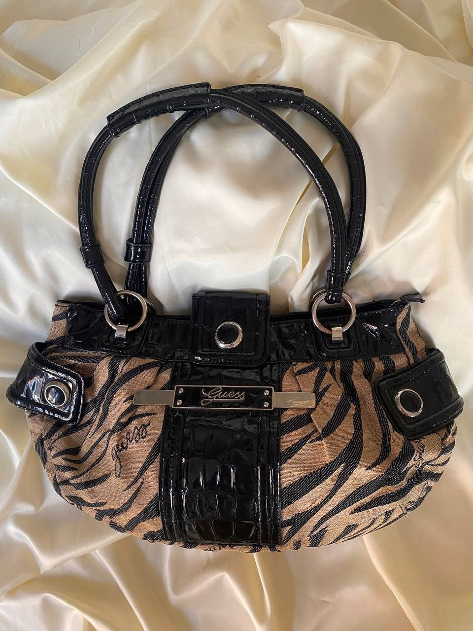 Vintage Guess Zebra Patterned Tote Shoulder Bag in Beige, Women's