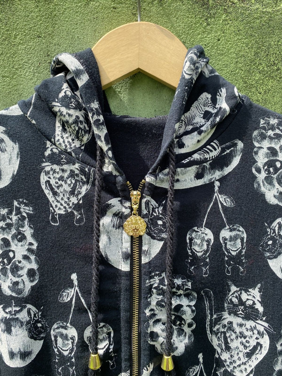 Japanese Brand Scolar AOP Animal Fruit Hoodie Black Zip Up Unique Pattern Size ONE SIZE - 2 Thumbnail