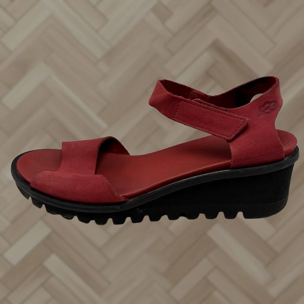Vintage Loints of Holland Sandals Womens 9 Red Leather Ankle Strap Wedge Sandal Casual Shoes Size US 8 / IT 38 - 1 Thumbnail
